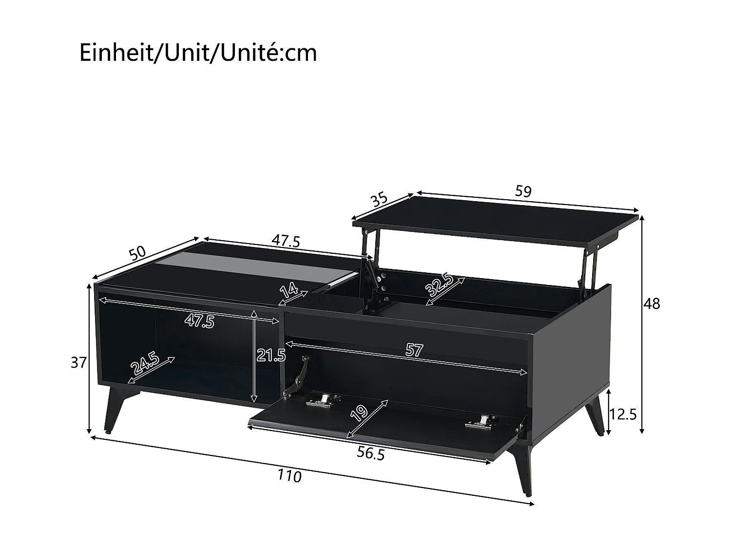 Hochglanz-Couchtisch mit Hubfunktion – 110 x 50 x 48 cm – mit Ablage und Tür – Spanplatte – schwarz
