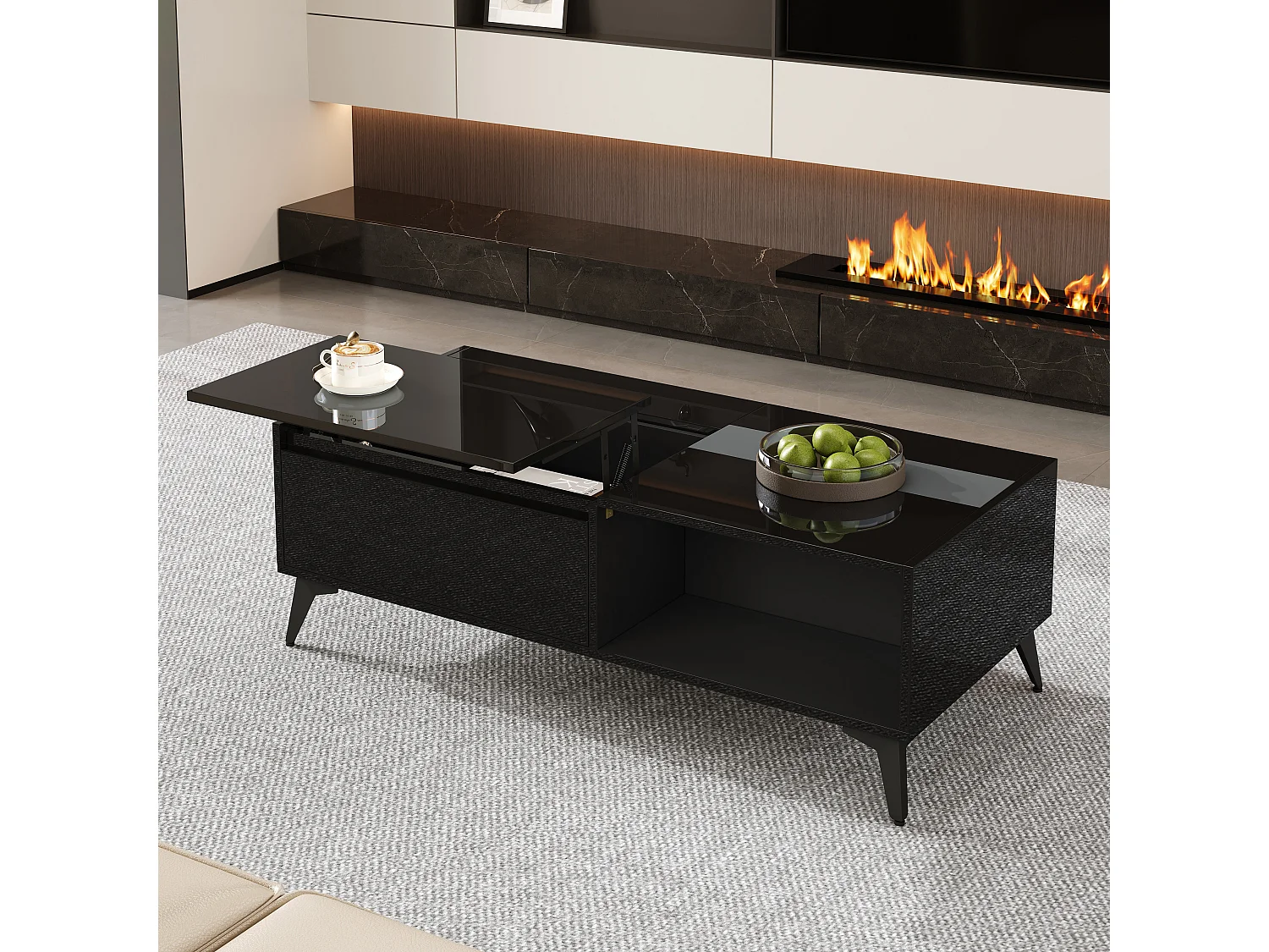 Hochglanz-Couchtisch mit Hubfunktion – 110 x 50 x 48 cm – mit Ablage und Tür – Spanplatte – schwarz