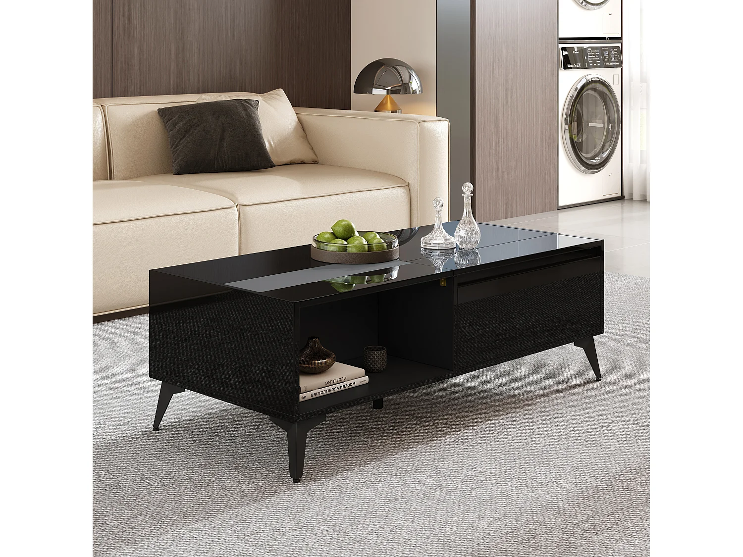 Hochglanz-Couchtisch mit Hubfunktion – 110 x 50 x 48 cm – mit Ablage und Tür – Spanplatte – schwarz