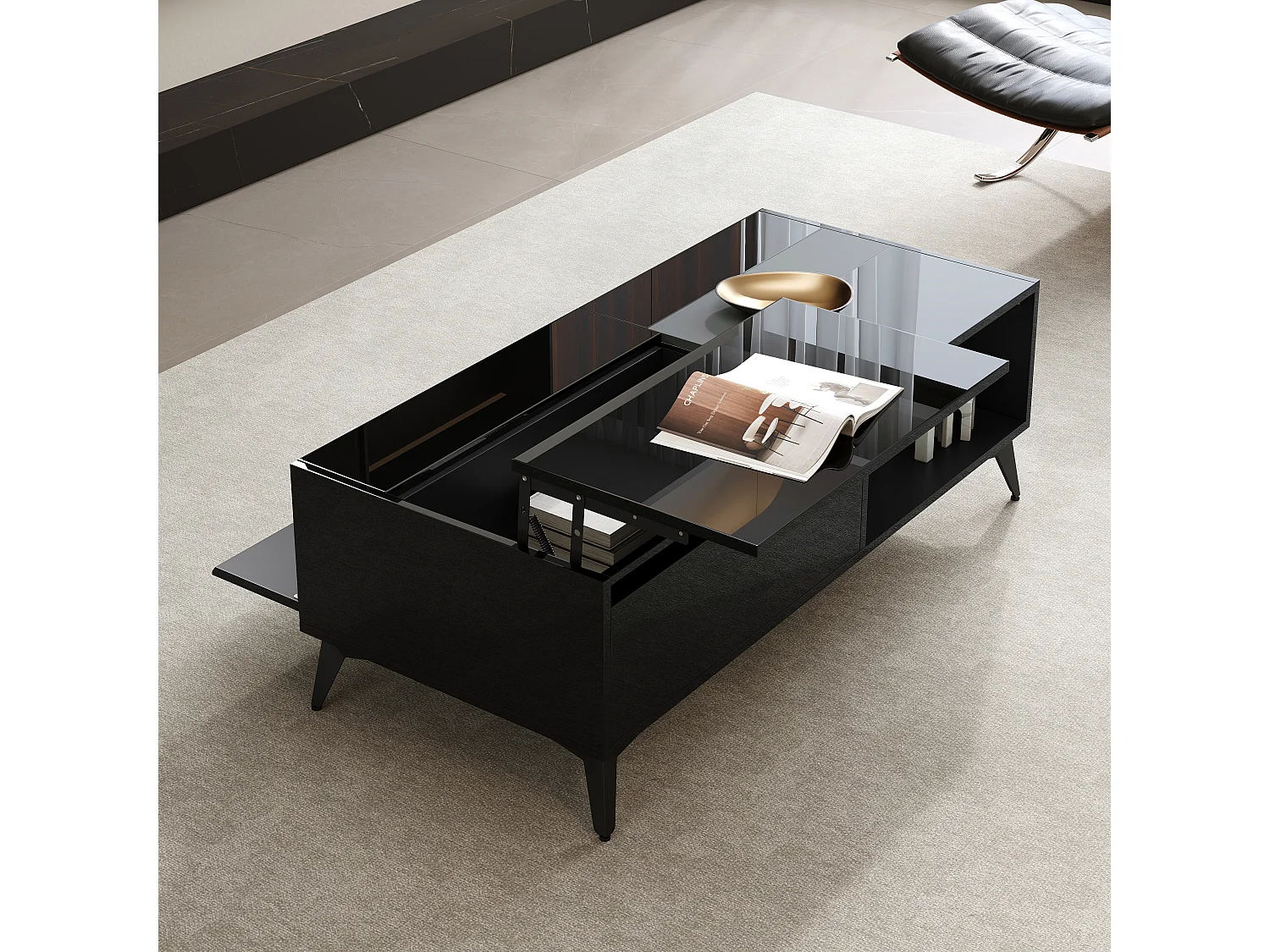 Hochglanz-Couchtisch mit Hubfunktion – 110 x 50 x 48 cm – mit Ablage und Tür – Spanplatte – schwarz