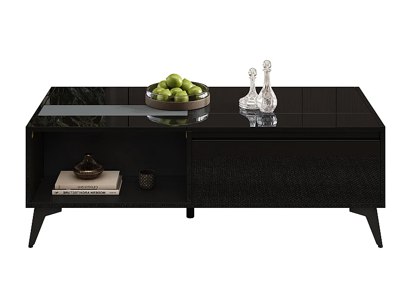 Hochglanz-Couchtisch mit Hubfunktion – 110 x 50 x 48 cm – mit Ablage und Tür – Spanplatte – schwarz