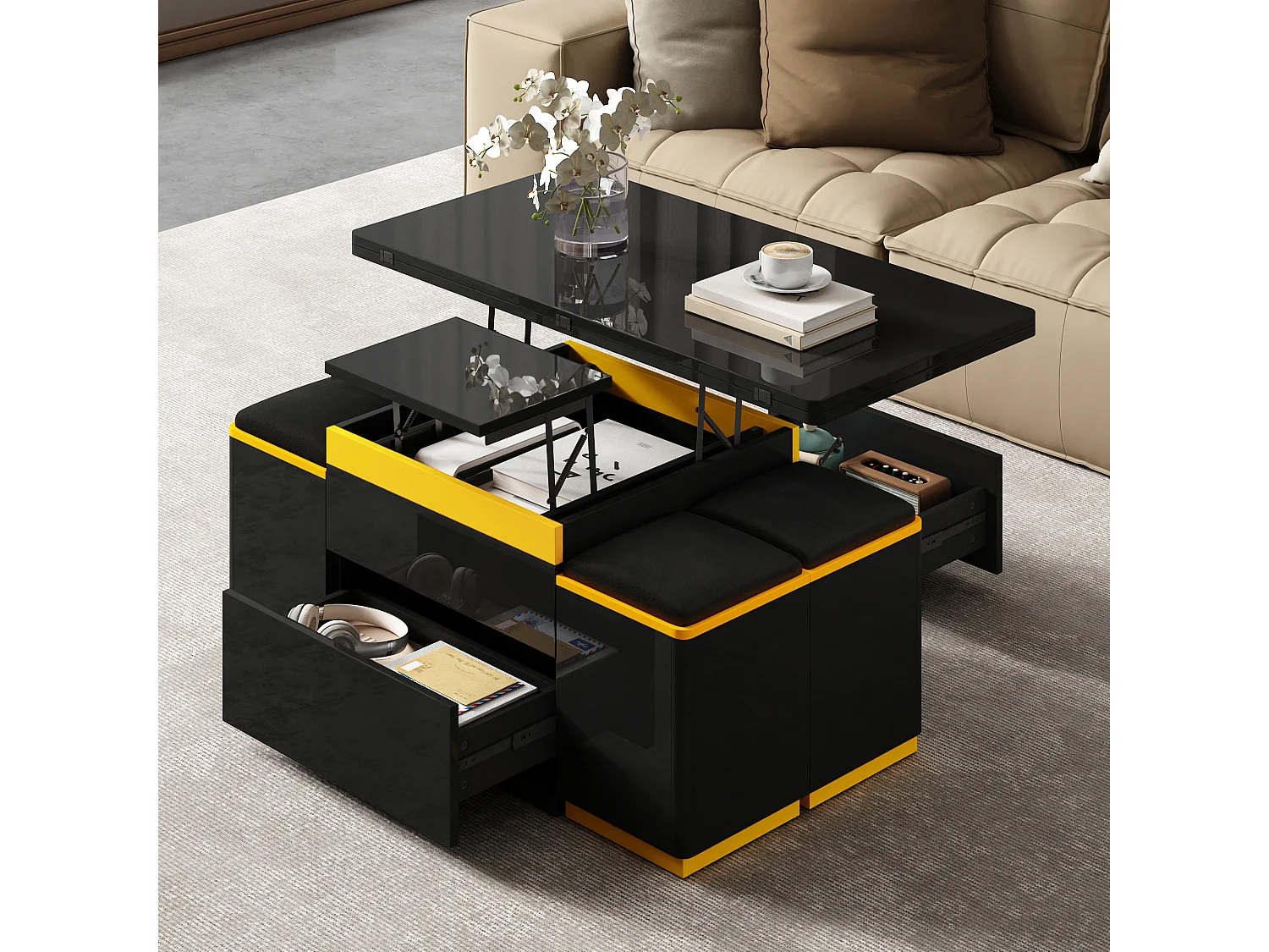 Hochglanz-Couchtisch mit Klappfunktion – 100 x 50 x 43 cm – klappbares Wohnzimmermöbel mit Schubladen – MDF und Spanplatte – schwarz