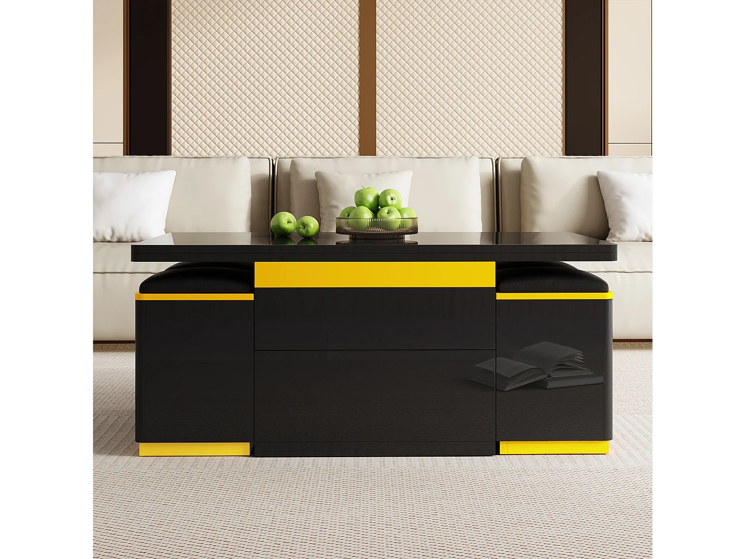 Hochglanz-Couchtisch mit Klappfunktion – 100 x 50 x 43 cm – klappbares Wohnzimmermöbel mit Schubladen – MDF und Spanplatte – schwarz