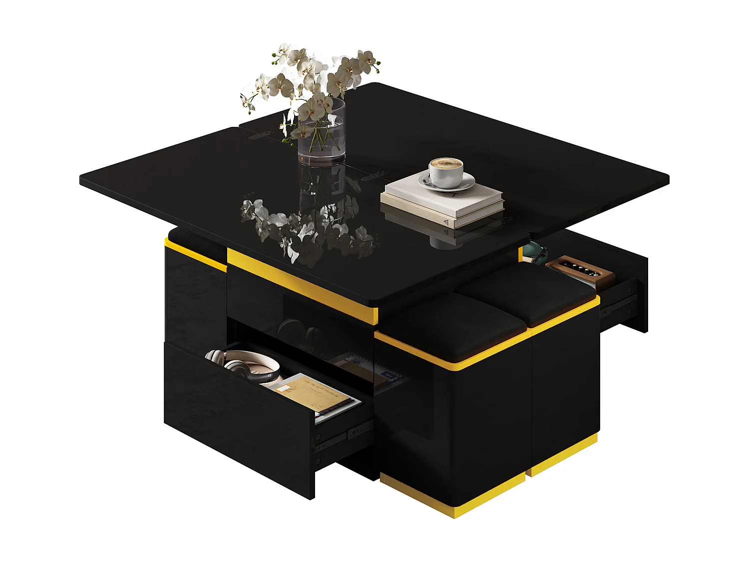 Table basse relevable brillante - 100 x 50 x 43 cm - meuble de salon pliable + avec tiroirs - MDF + aggloméré - noir