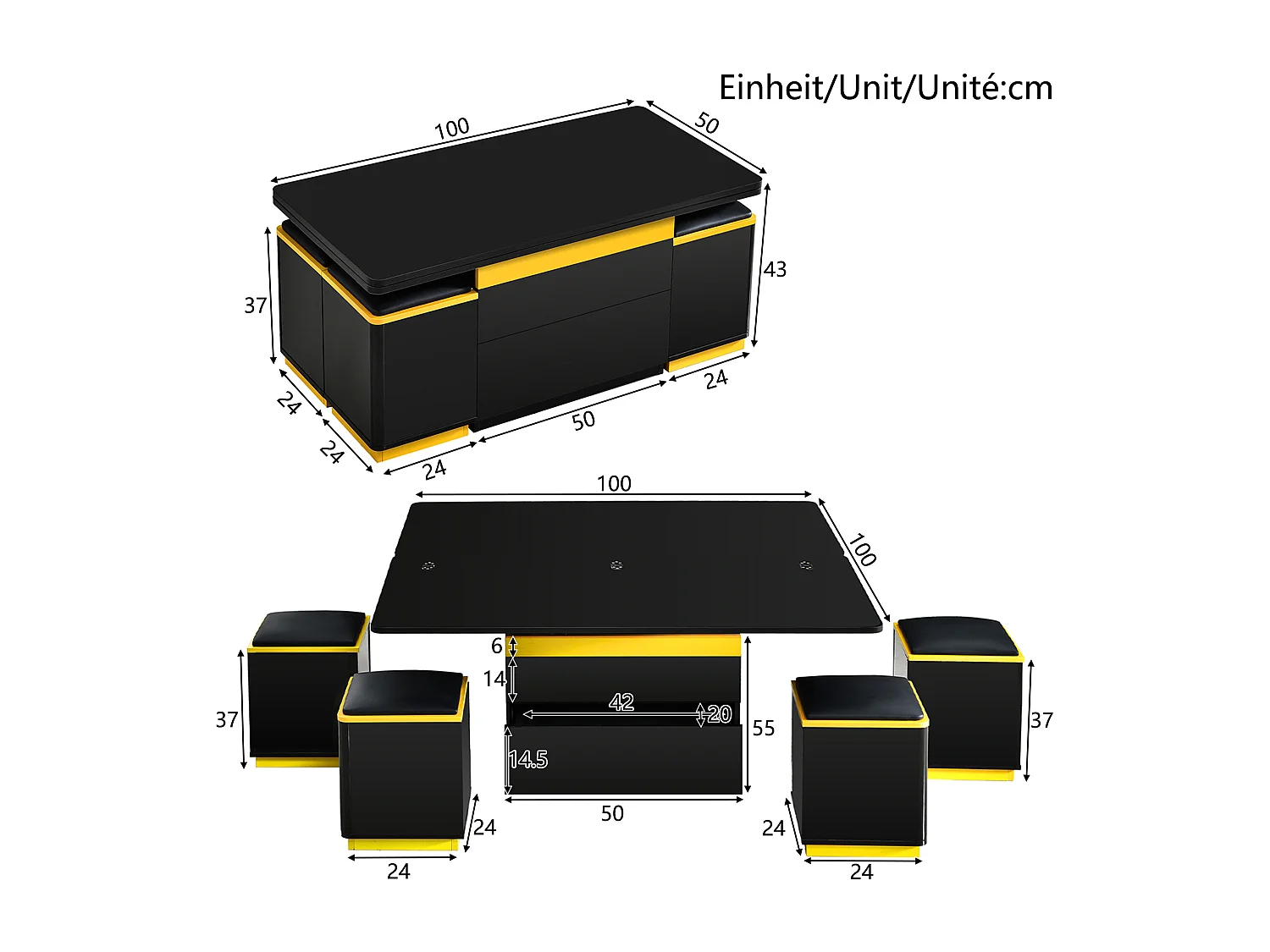 Table basse relevable brillante - 100 x 50 x 43 cm - meuble de salon pliable + avec tiroirs - MDF + aggloméré - noir
