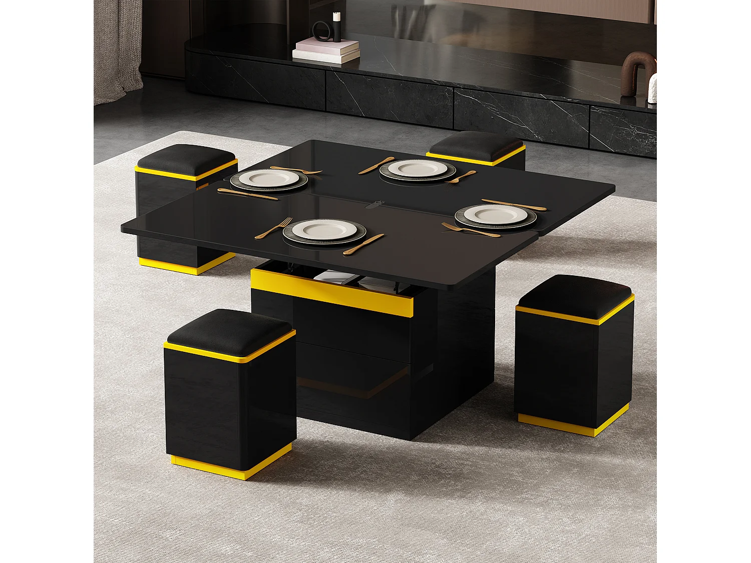 Table basse relevable brillante - 100 x 50 x 43 cm - meuble de salon pliable + avec tiroirs - MDF + aggloméré - noir