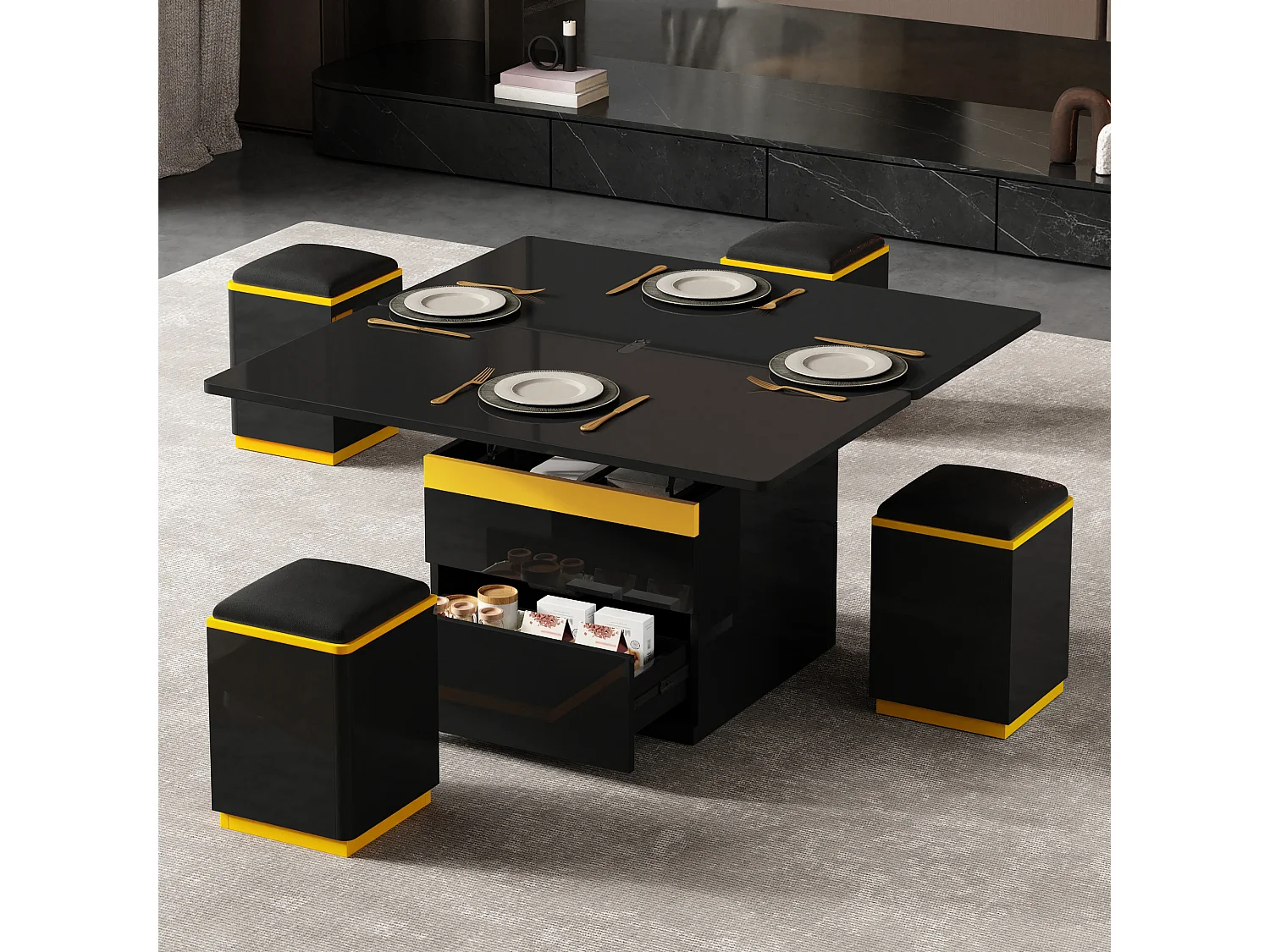 Table basse relevable brillante - 100 x 50 x 43 cm - meuble de salon pliable + avec tiroirs - MDF + aggloméré - noir