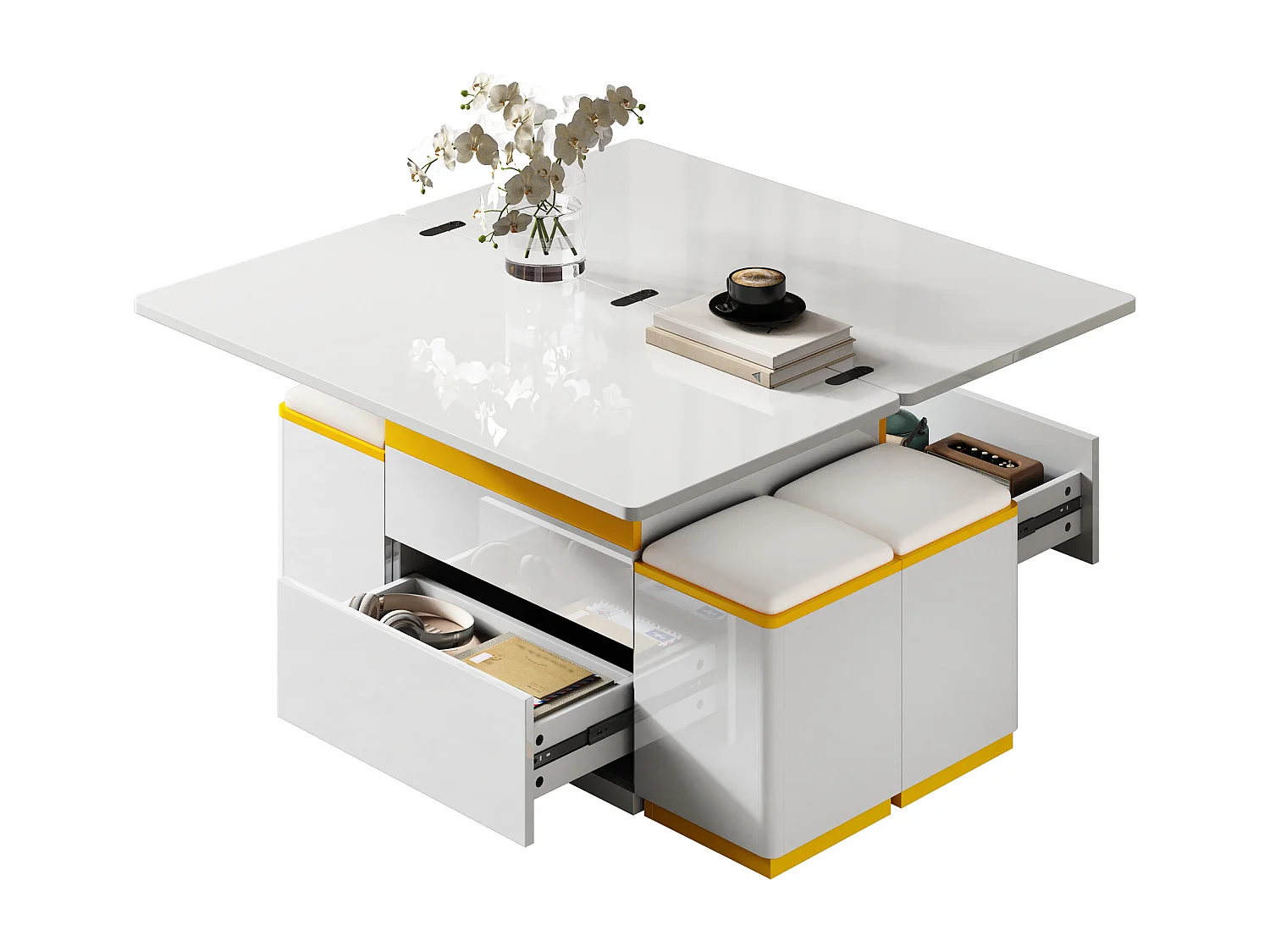 Mesa de centro com tampo elevável e acabamento brilhante - 100 x 50 x 43 cm - móvel dobrável para sala de estar com gavetas - MDF e aglomerado - branca