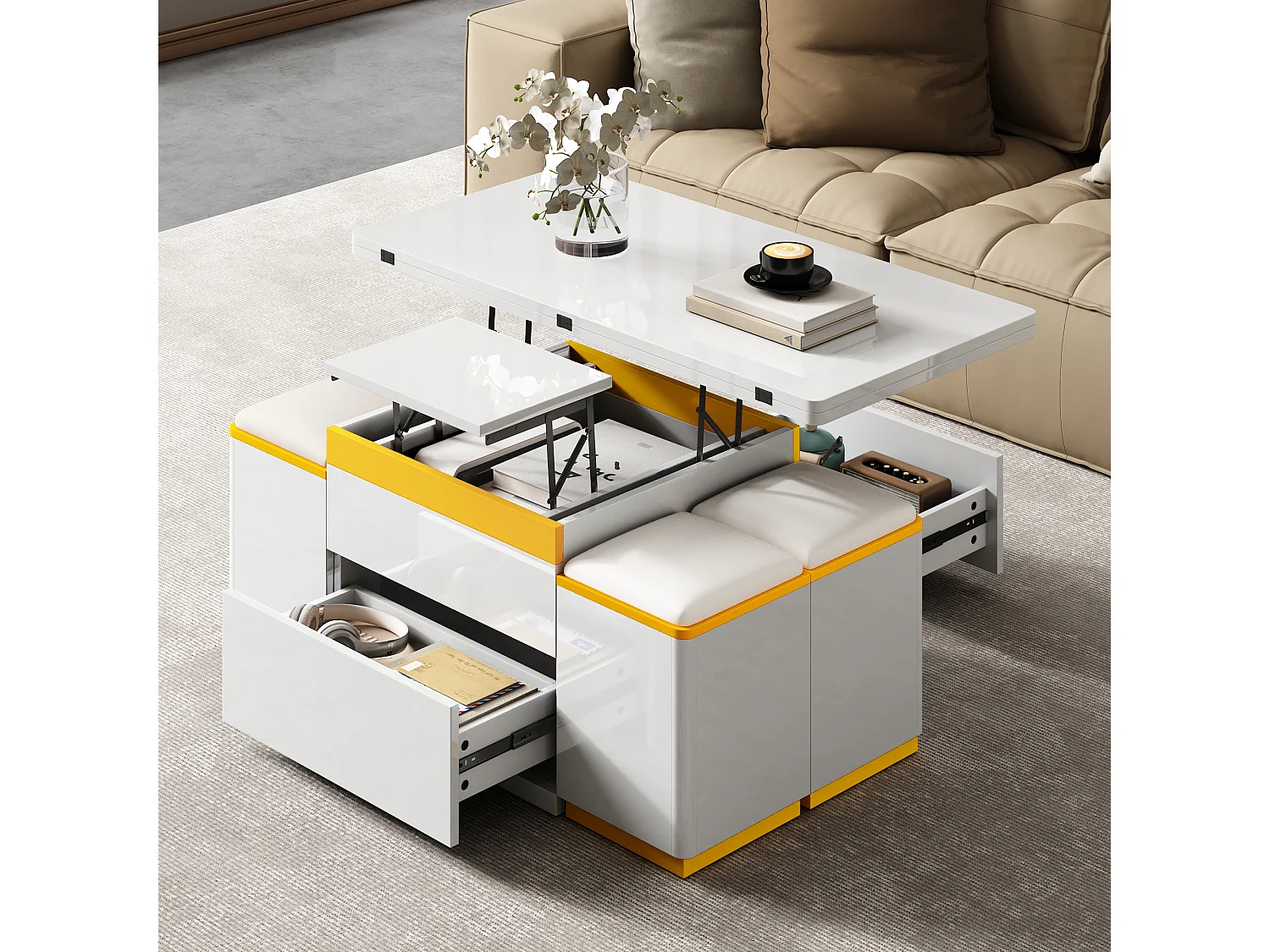 Mesa de centro com tampo elevável e acabamento brilhante - 100 x 50 x 43 cm - móvel dobrável para sala de estar com gavetas - MDF e aglomerado - branca