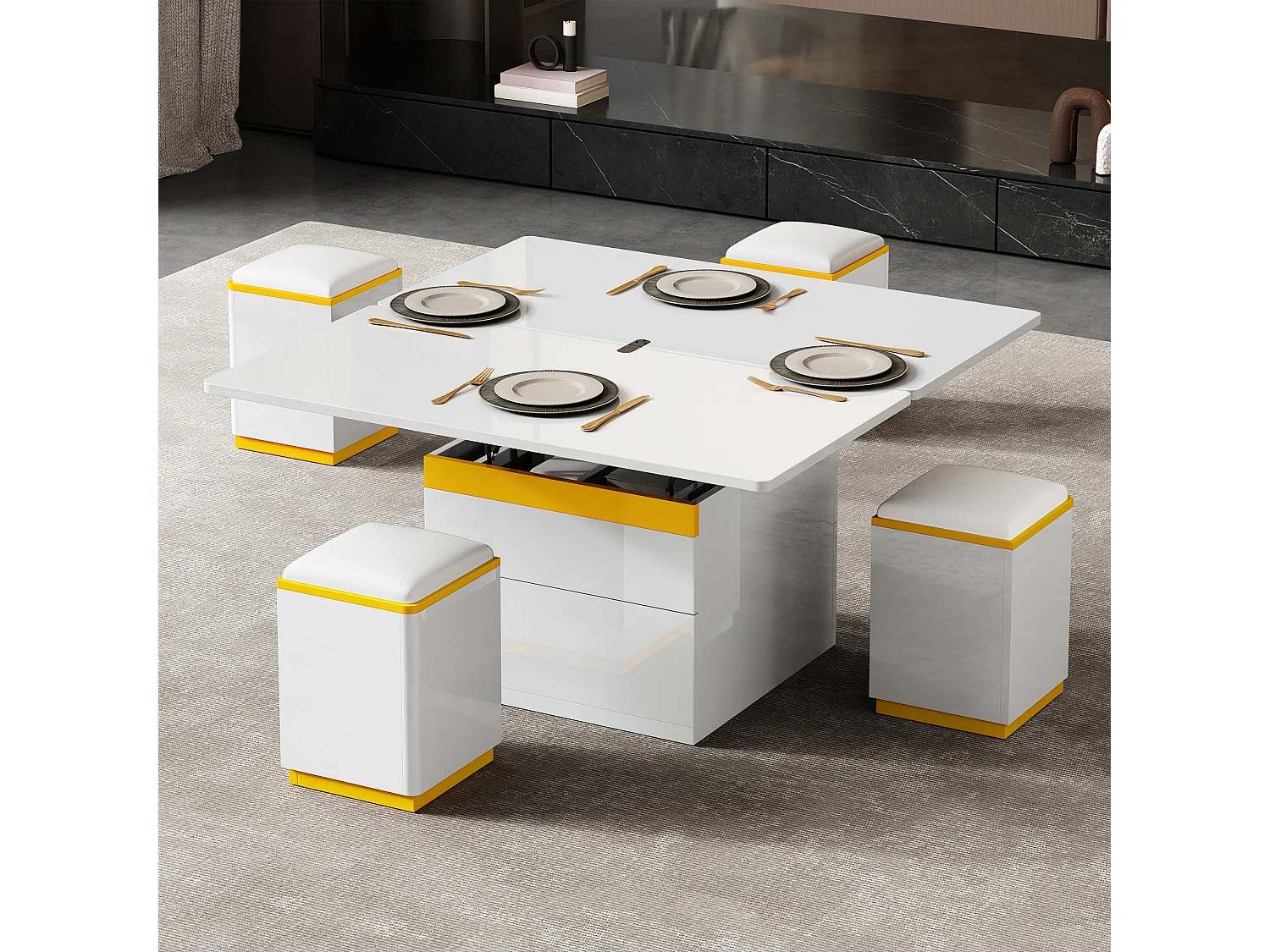 Mesa de centro com tampo elevável e acabamento brilhante - 100 x 50 x 43 cm - móvel dobrável para sala de estar com gavetas - MDF e aglomerado - branca