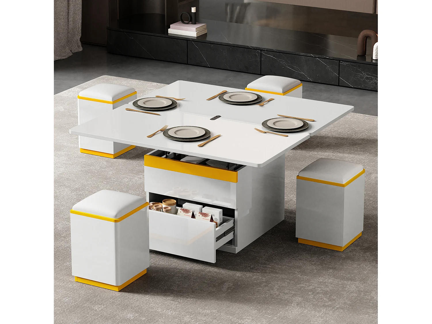 Mesa de centro com tampo elevável e acabamento brilhante - 100 x 50 x 43 cm - móvel dobrável para sala de estar com gavetas - MDF e aglomerado - branca