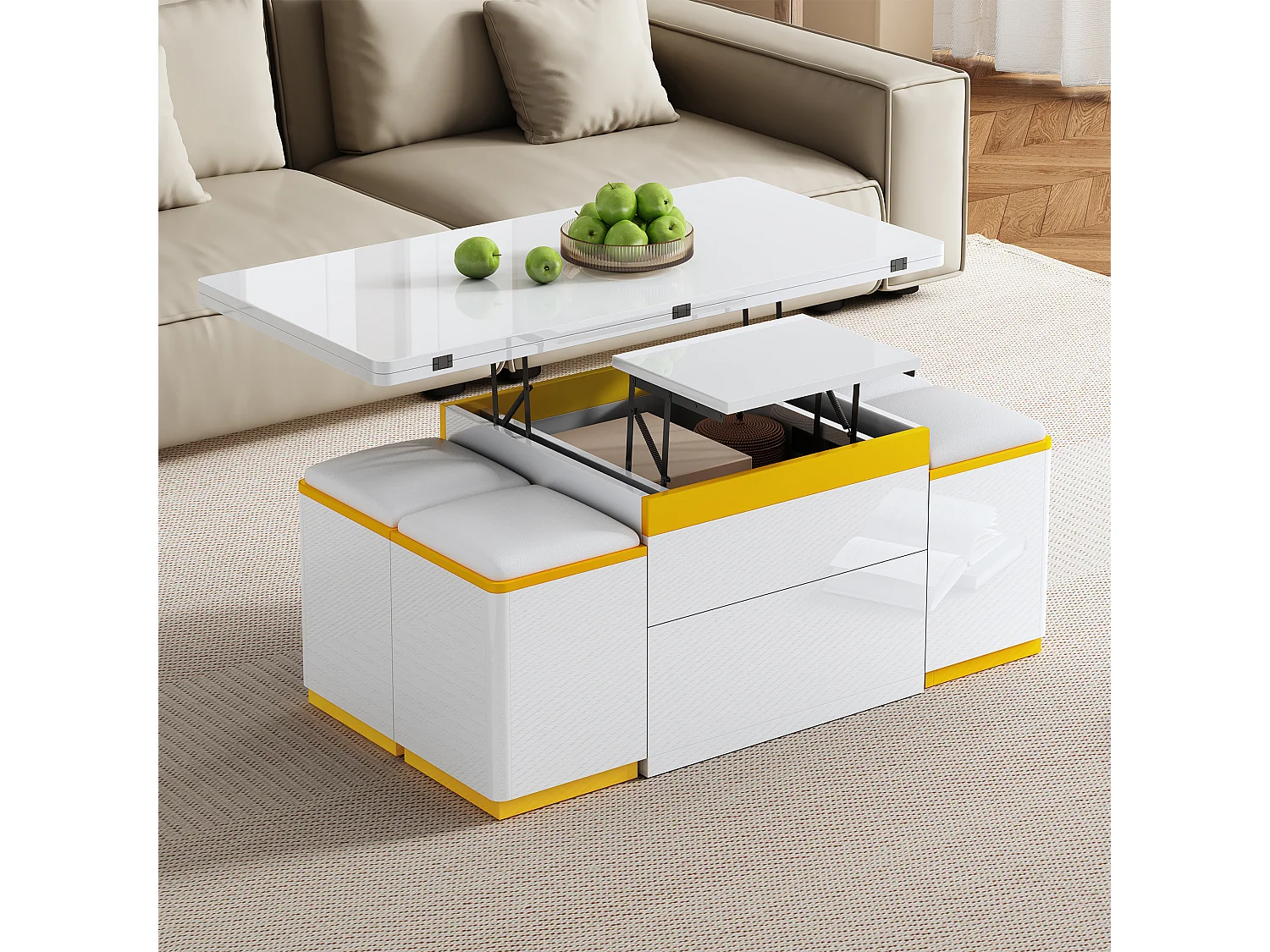 Mesa de centro com tampo elevável e acabamento brilhante - 100 x 50 x 43 cm - móvel dobrável para sala de estar com gavetas - MDF e aglomerado - branca