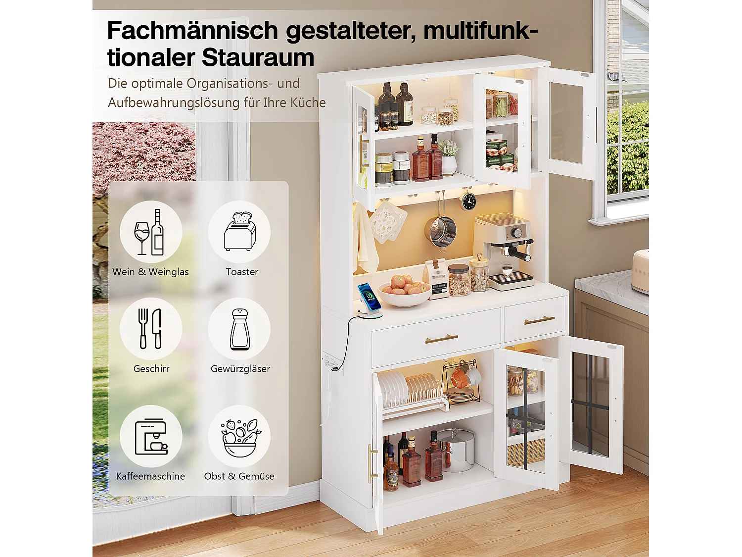 Buffet de cuisine style campagnard - 100 x 40 x 180 cm - avec 6 portes + 2 tiroirs + Leds + prise - MDF - blanc