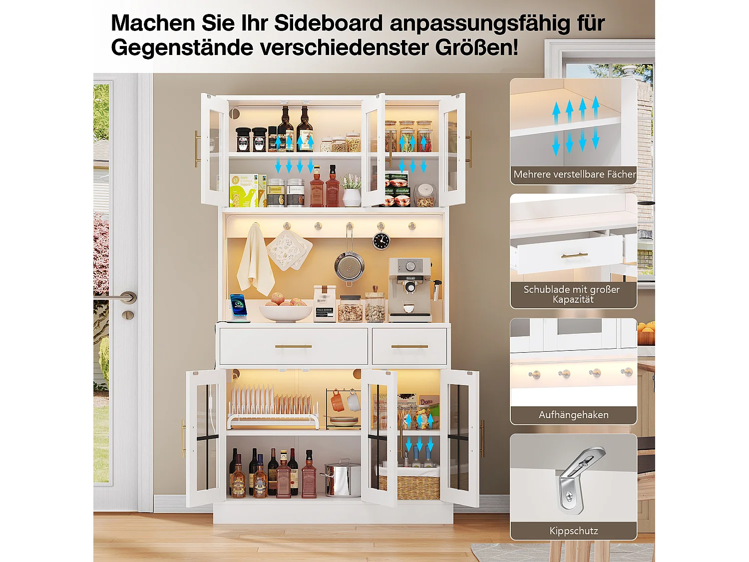 Buffet de cuisine style campagnard - 100 x 40 x 180 cm - avec 6 portes + 2 tiroirs + Leds + prise - MDF - blanc