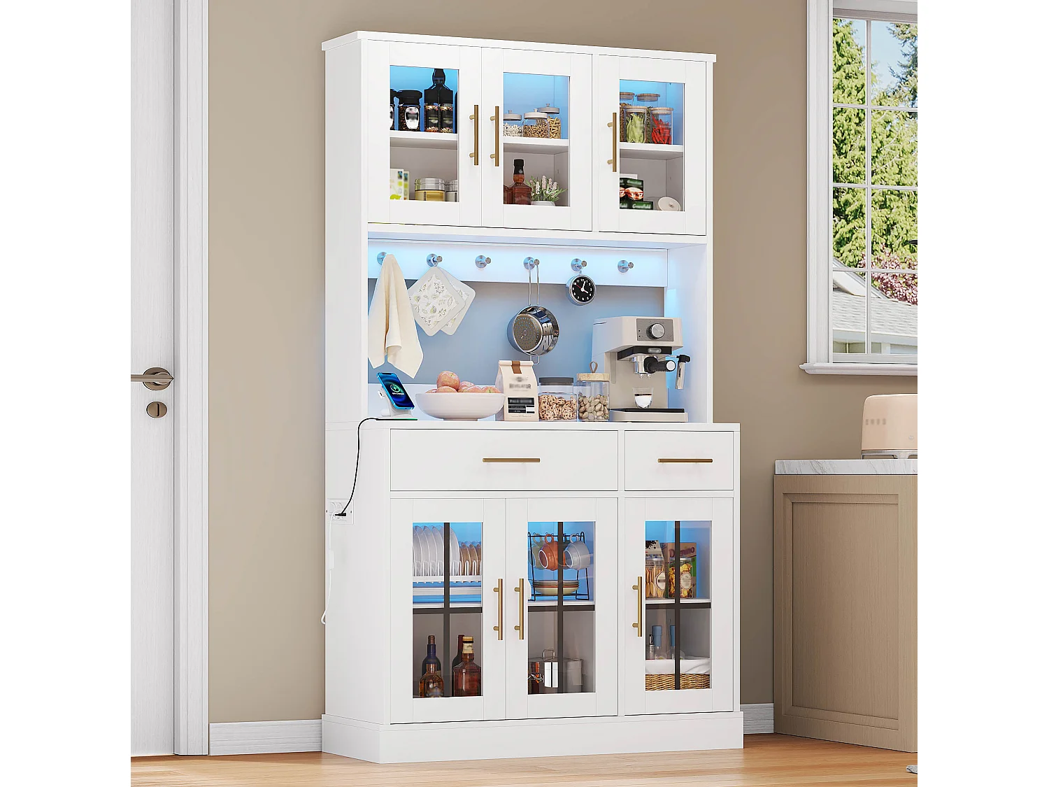 Buffet de cuisine style campagnard - 100 x 40 x 180 cm - avec 6 portes + 2 tiroirs + Leds + prise - MDF - blanc