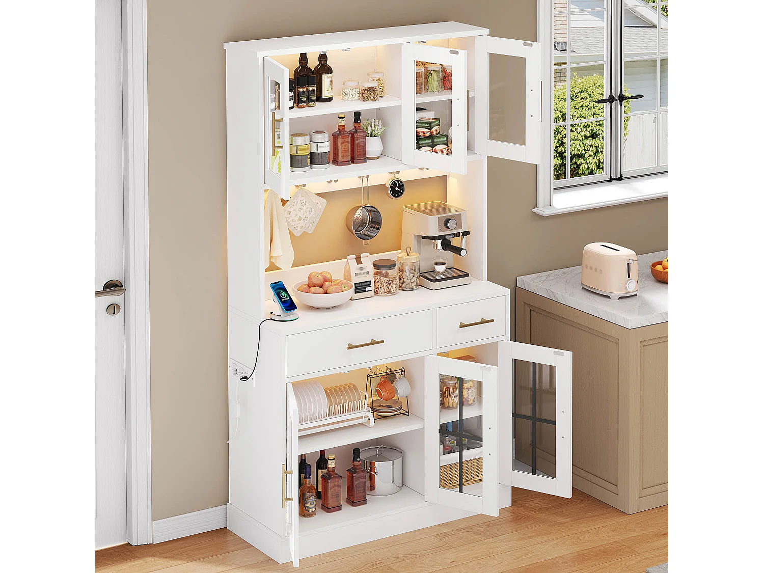 Buffet de cuisine style campagnard - 100 x 40 x 180 cm - avec 6 portes + 2 tiroirs + Leds + prise - MDF - blanc