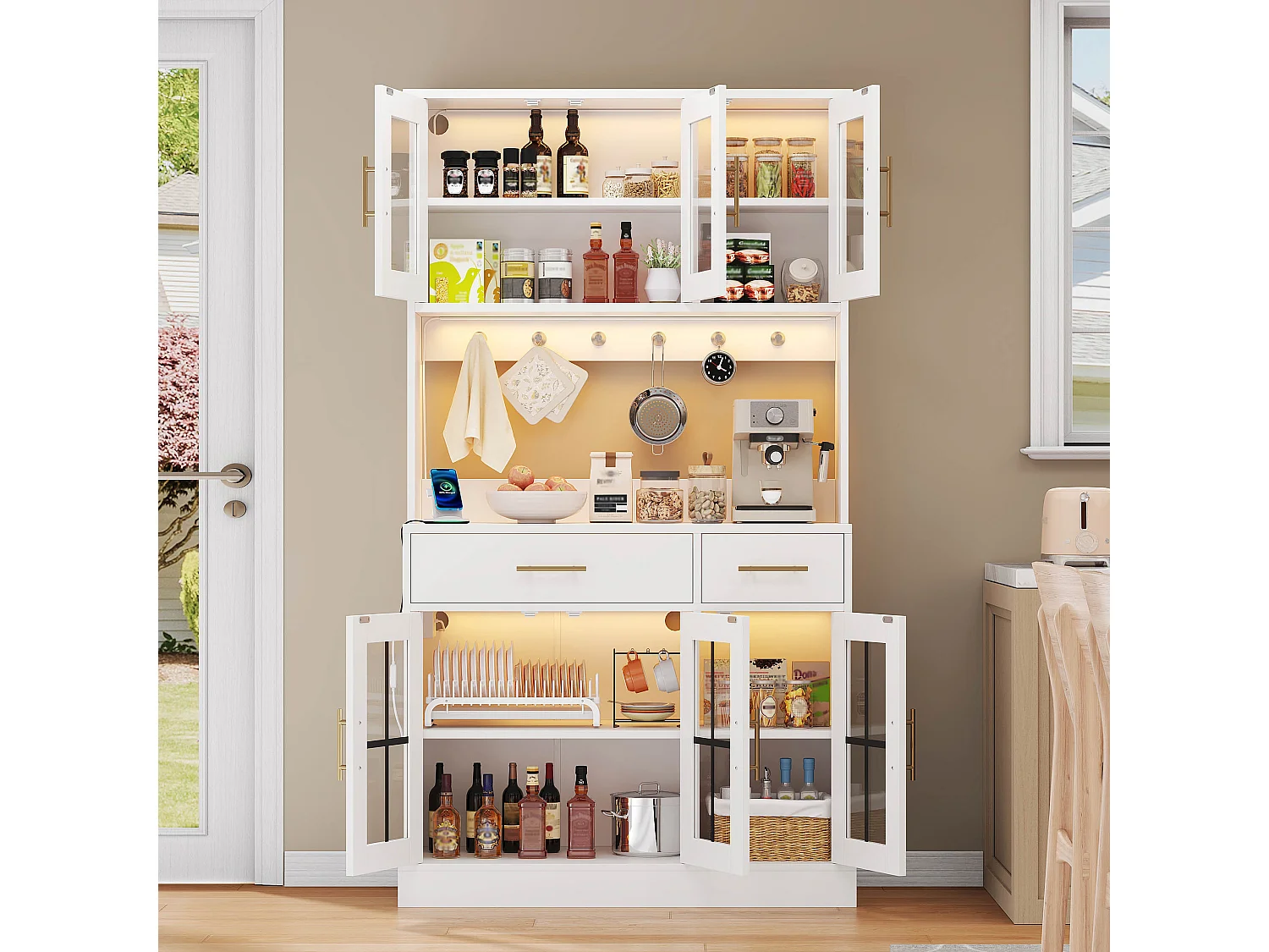 Buffet de cuisine style campagnard - 100 x 40 x 180 cm - avec 6 portes + 2 tiroirs + Leds + prise - MDF - blanc