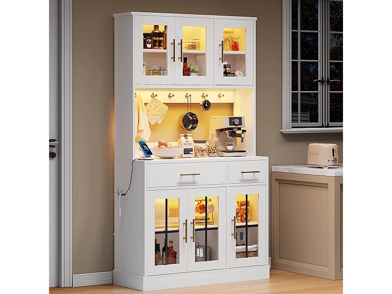 Buffet de cuisine style campagnard - 100 x 40 x 180 cm - avec 6 portes + 2 tiroirs + Leds + prise - MDF - blanc