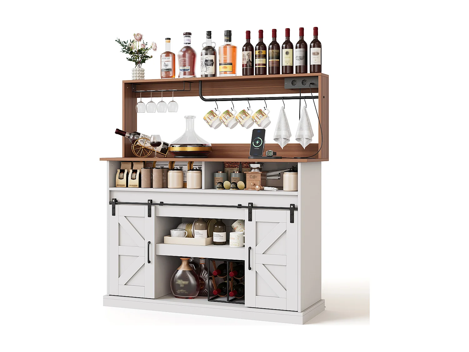 Buffet cuisine de style campagnard - 120 x 40 x 130 cm - avec porte-verres + prises + portes coulissantes - MDF - blanc + naturel