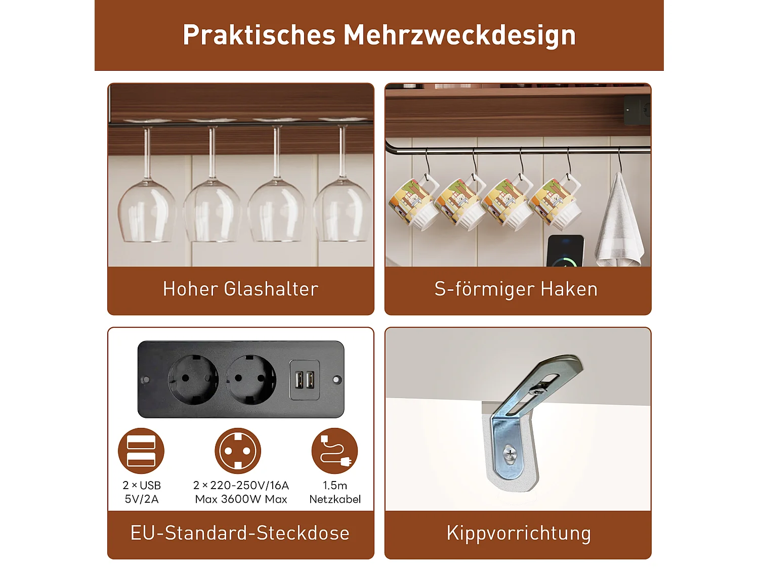 Buffet cuisine de style campagnard - 120 x 40 x 130 cm - avec porte-verres + prises + portes coulissantes - MDF - blanc + naturel