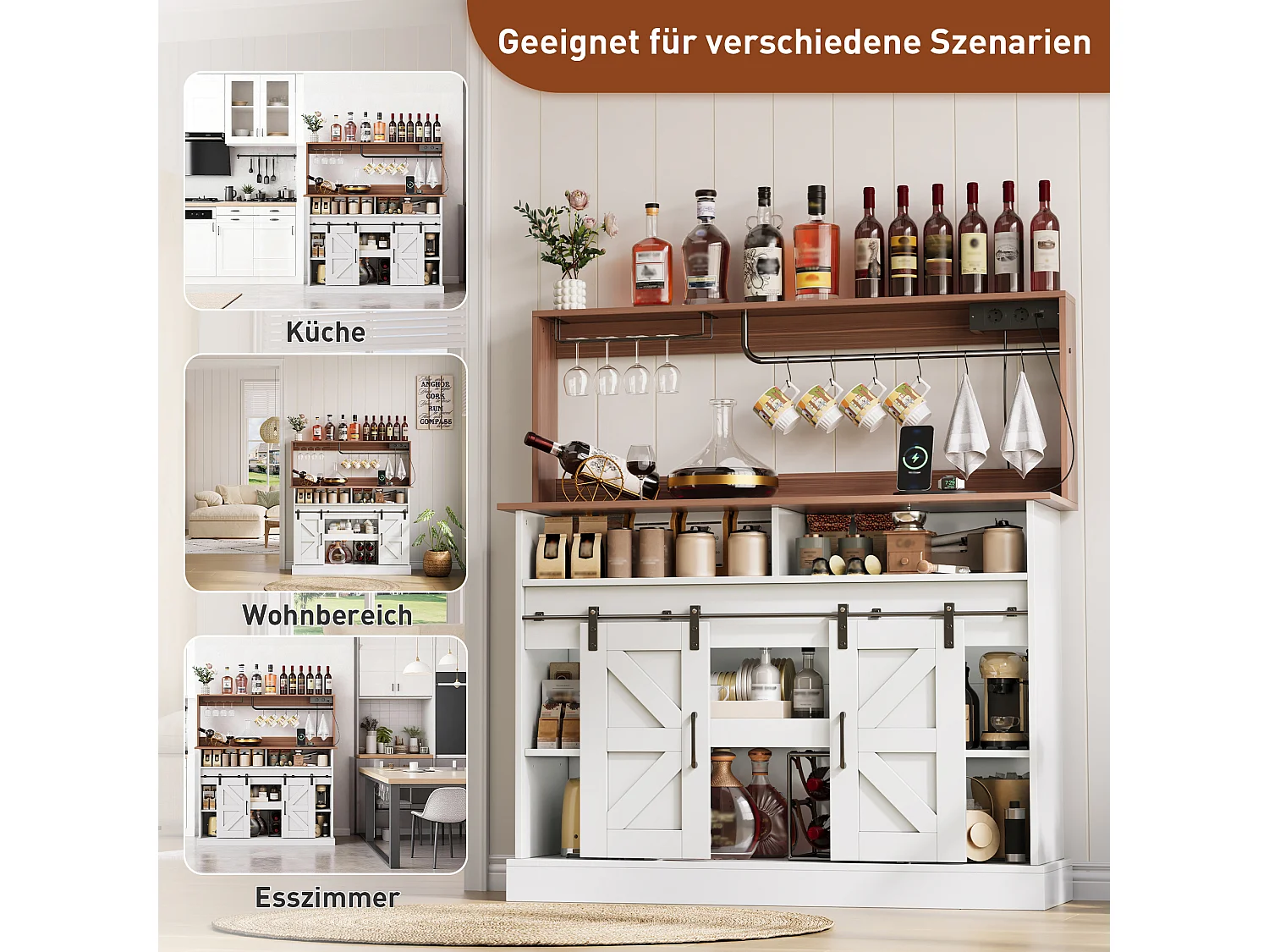 Buffet cuisine de style campagnard - 120 x 40 x 130 cm - avec porte-verres + prises + portes coulissantes - MDF - blanc + naturel