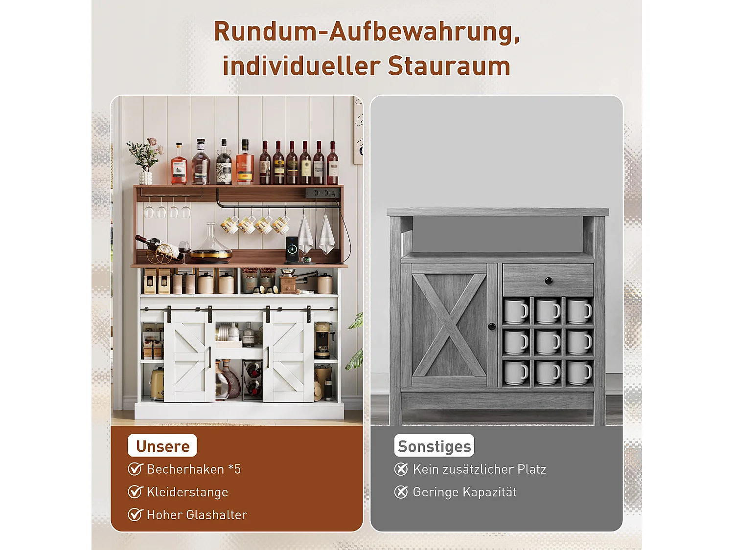 Buffet cuisine de style campagnard - 120 x 40 x 130 cm - avec porte-verres + prises + portes coulissantes - MDF - blanc + naturel