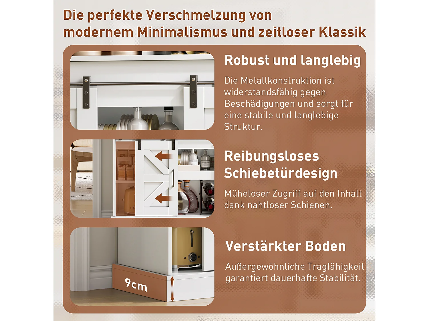 Buffet cuisine de style campagnard - 120 x 40 x 130 cm - avec porte-verres + prises + portes coulissantes - MDF - blanc + naturel