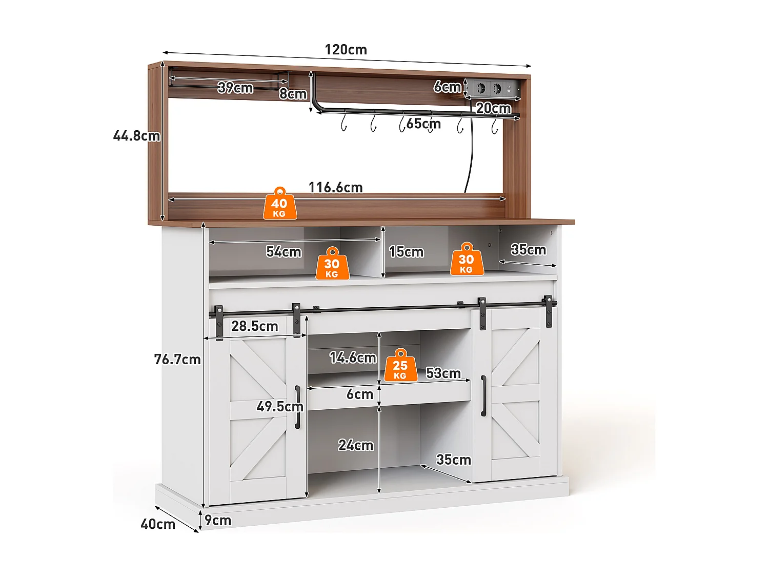 Buffet cuisine de style campagnard - 120 x 40 x 130 cm - avec porte-verres + prises + portes coulissantes - MDF - blanc + naturel