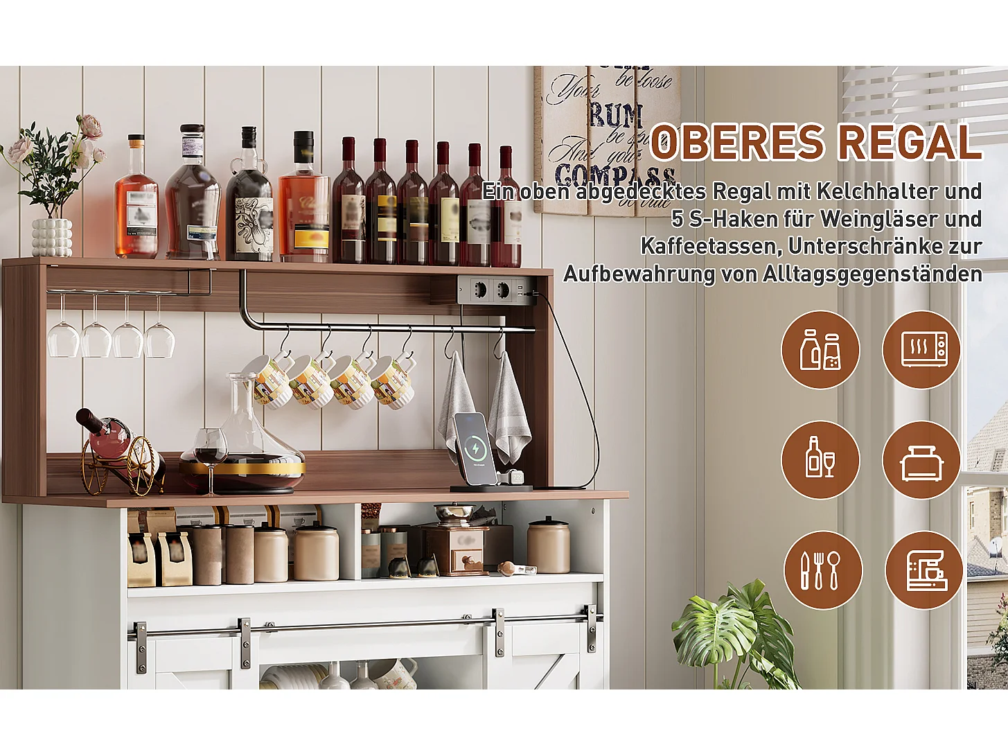 Buffet cuisine de style campagnard - 120 x 40 x 130 cm - avec porte-verres + prises + portes coulissantes - MDF - blanc + naturel