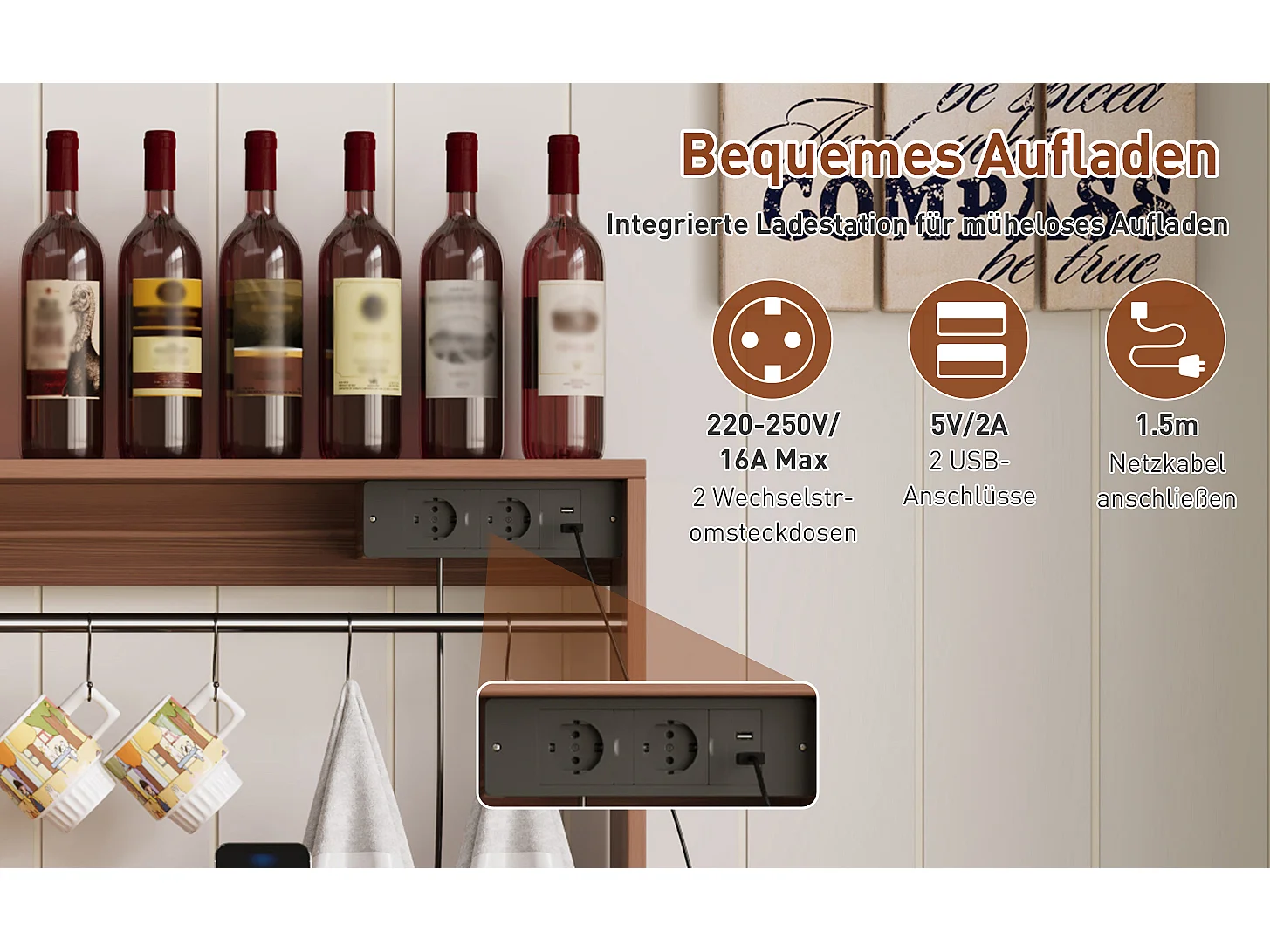 Buffet cuisine de style campagnard - 120 x 40 x 130 cm - avec porte-verres + prises + portes coulissantes - MDF - blanc + naturel