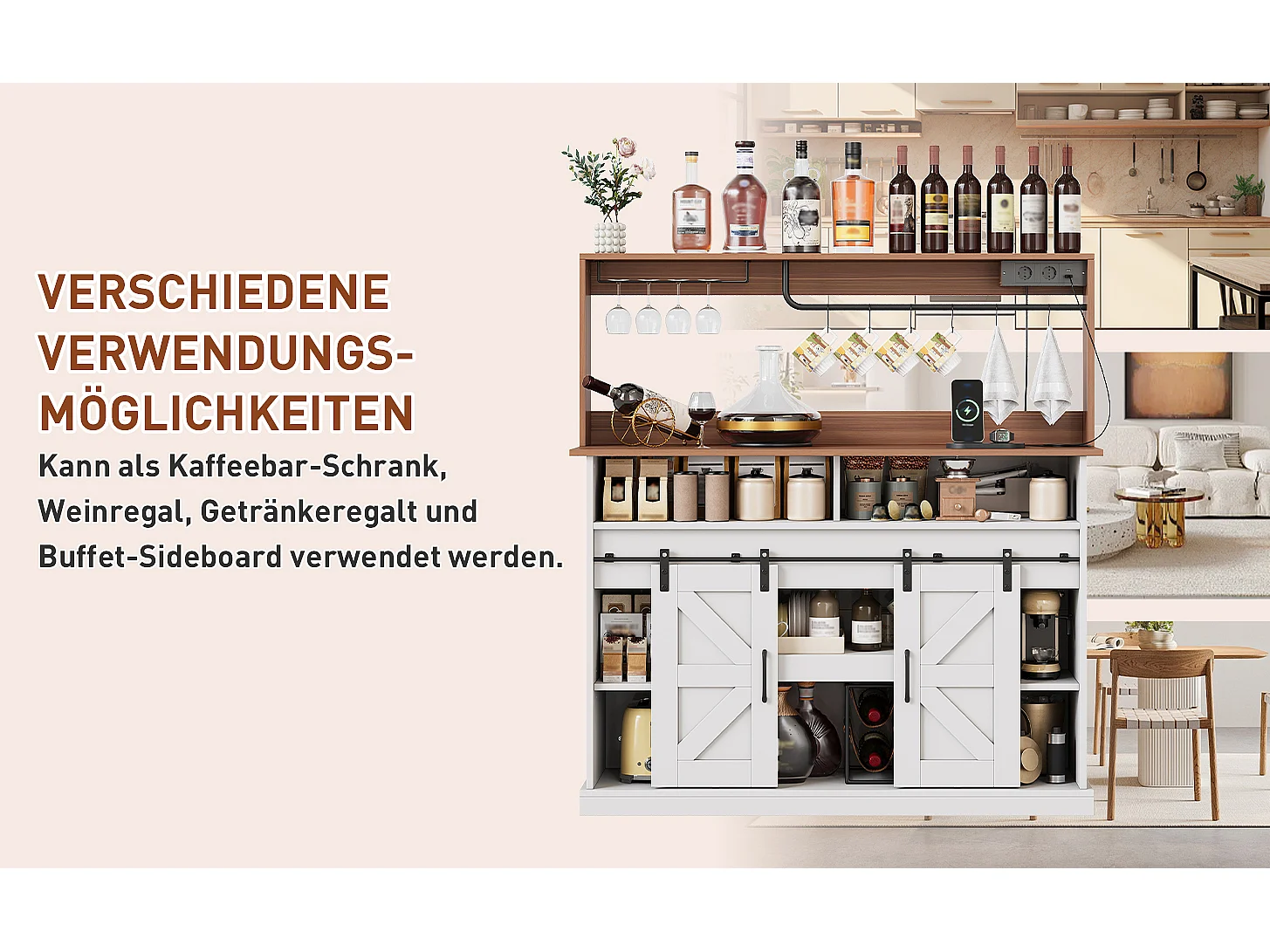 Buffet cuisine de style campagnard - 120 x 40 x 130 cm - avec porte-verres + prises + portes coulissantes - MDF - blanc + naturel