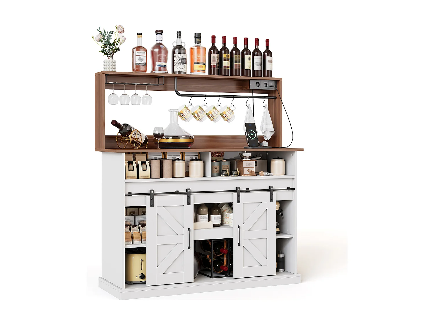 Buffet cuisine de style campagnard - 120 x 40 x 130 cm - avec porte-verres + prises + portes coulissantes - MDF - blanc + naturel
