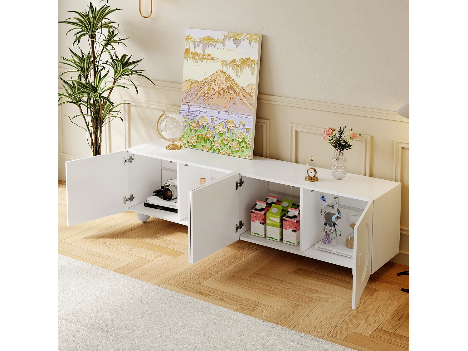 Moderner TV-Ständer – 180,5 x 38 x 50 cm – mit 4 Türen – Einzigartiges Design – MDF + Spanplatte – weiß