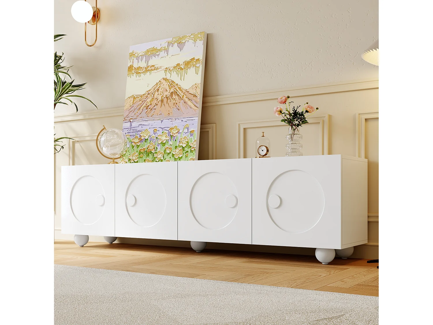 Moderner TV-Ständer – 180,5 x 38 x 50 cm – mit 4 Türen – Einzigartiges Design – MDF + Spanplatte – weiß