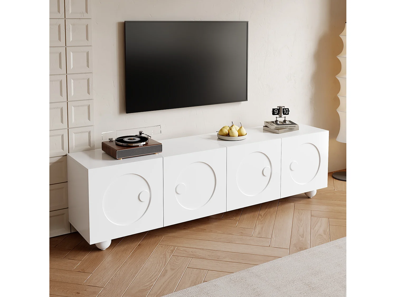 Moderner TV-Ständer – 180,5 x 38 x 50 cm – mit 4 Türen – Einzigartiges Design – MDF + Spanplatte – weiß