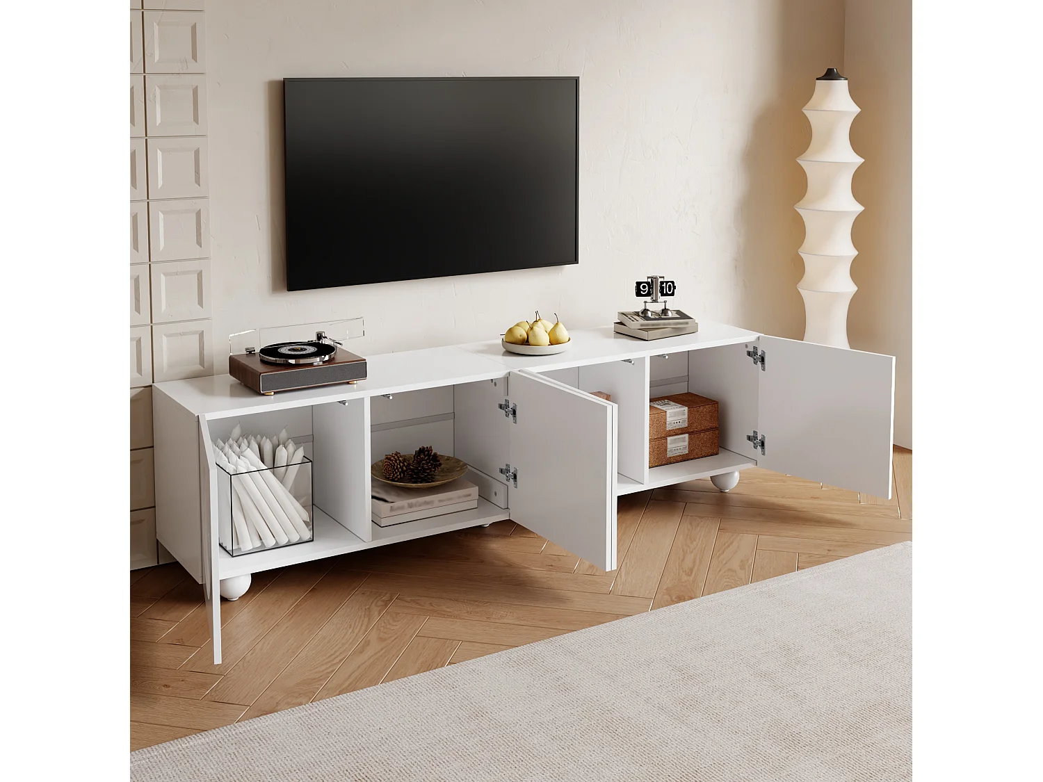 Moderner TV-Ständer – 180,5 x 38 x 50 cm – mit 4 Türen – Einzigartiges Design – MDF + Spanplatte – weiß