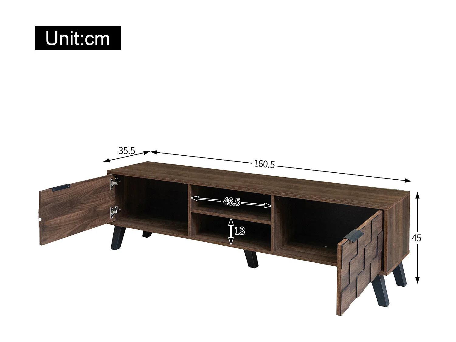 Moderner TV-Ständer – 160,5 x 35,5 x 45 cm – mit 2 Türen und 2 offenen Fächern – Holz – dunkel natur