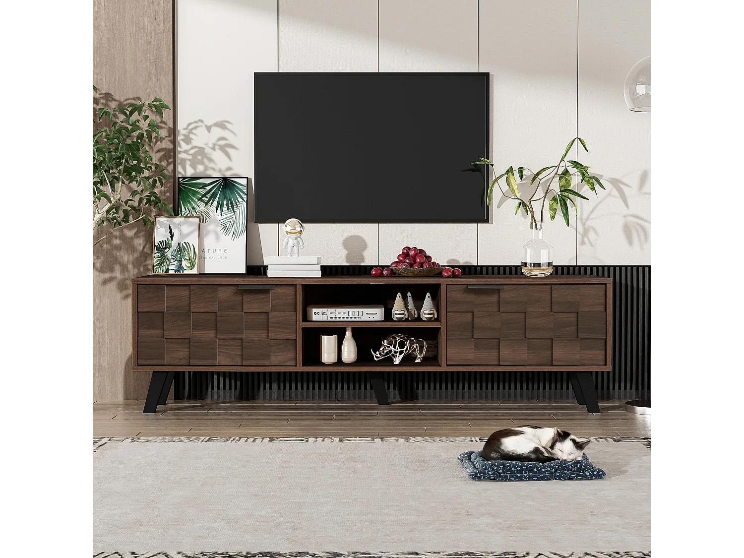 Moderner TV-Ständer – 160,5 x 35,5 x 45 cm – mit 2 Türen und 2 offenen Fächern – Holz – dunkel natur