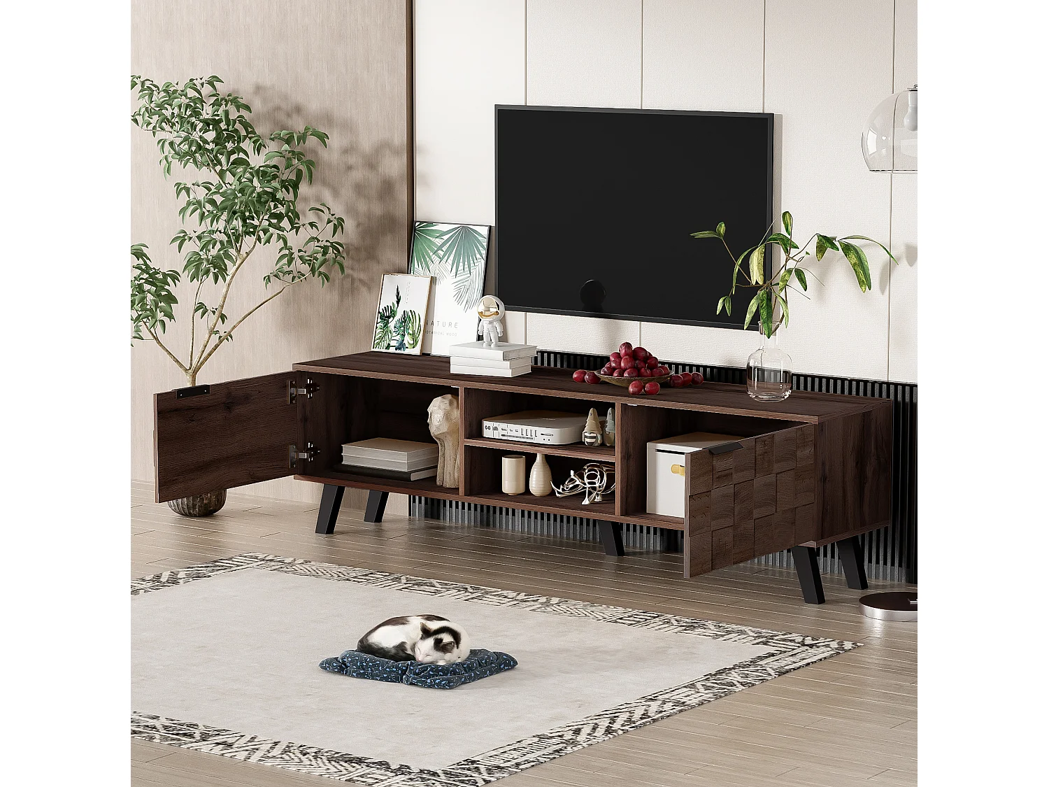 Meuble TV moderne - 160.5 x 35.5 x 45 cm - avec 2 portes + 2 compartiments ouverts - bois - naturel foncé