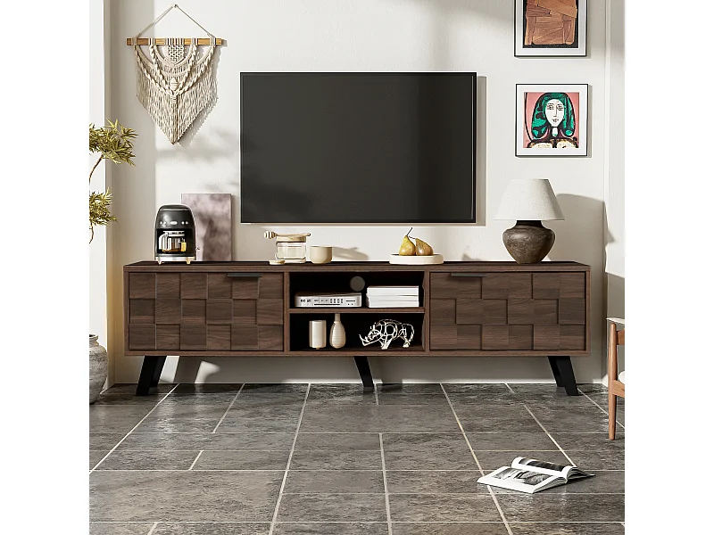Moderner TV-Ständer – 160,5 x 35,5 x 45 cm – mit 2 Türen und 2 offenen Fächern – Holz – dunkel natur