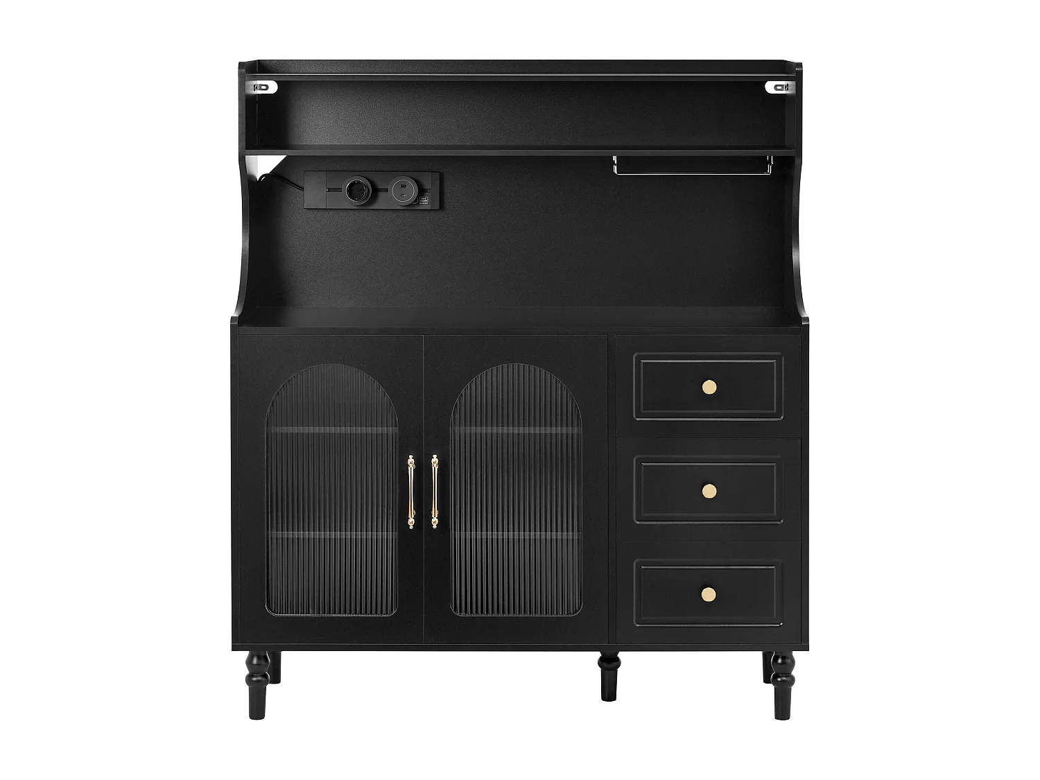 Küchen-Sideboard mit Steckdosen – 120 x 40 x 138,5 cm – mit 3 Schubladen, Weinglasablage, Regalböden und 2 Türen – MDF – schwarz