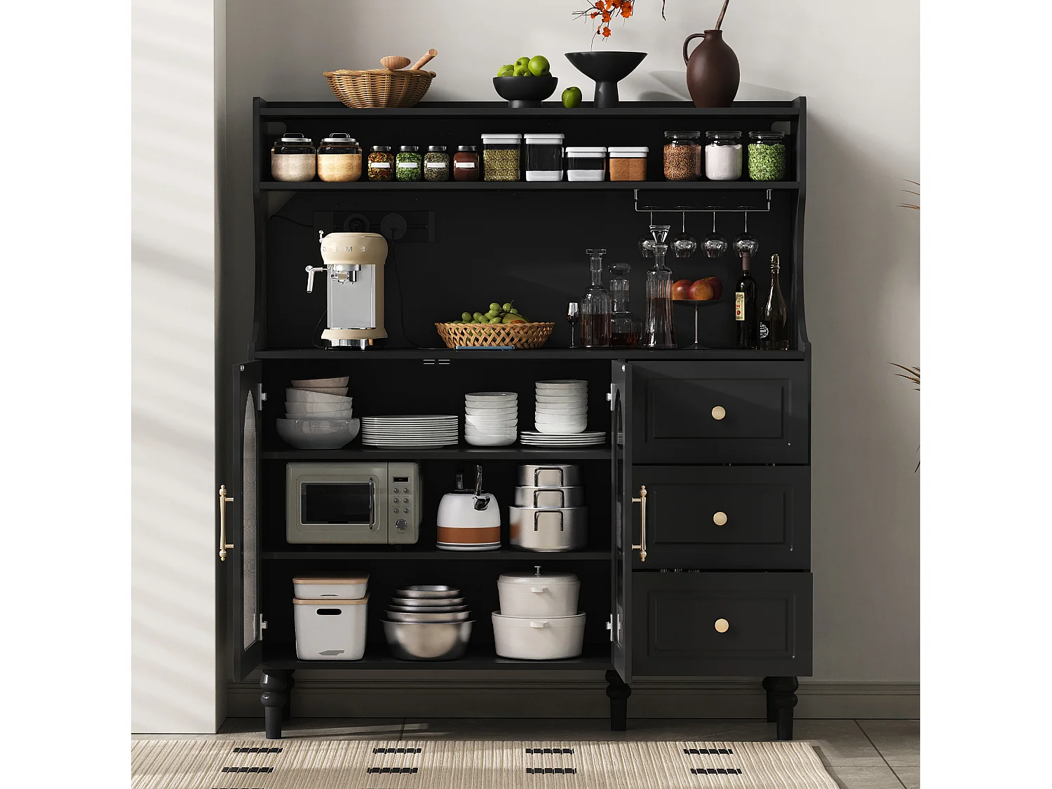 Aparador de cocina con zócalos - 120 x 40 x 138,5 cm - con 3 cajones + botellero + estantes + 2 puertas - MDF - negro