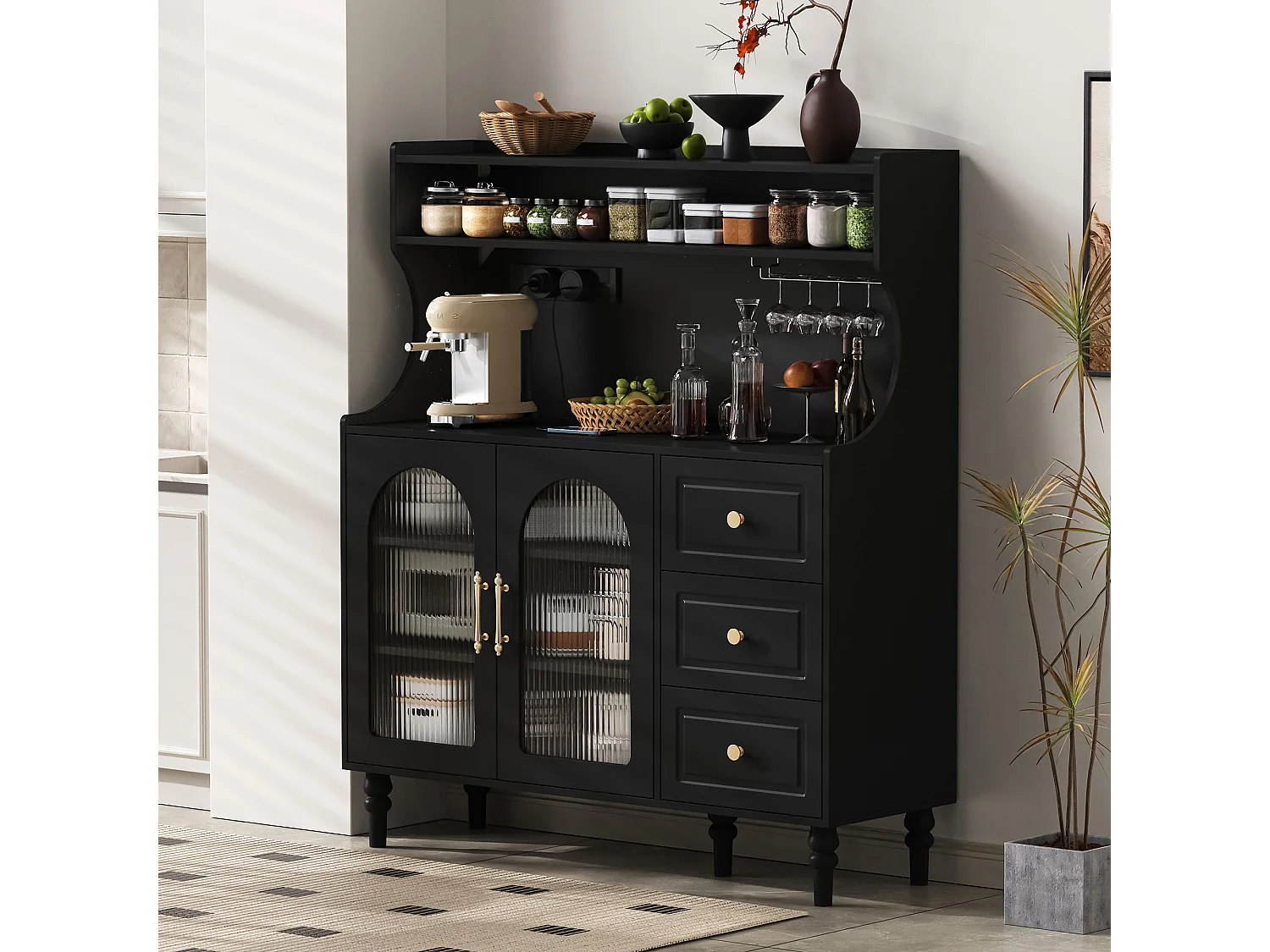 Aparador de cocina con zócalos - 120 x 40 x 138,5 cm - con 3 cajones + botellero + estantes + 2 puertas - MDF - negro