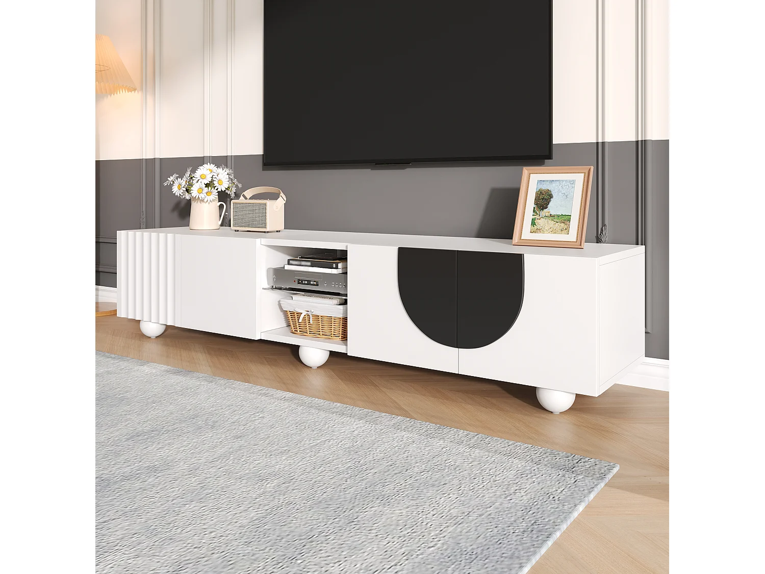 Moderner TV-Ständer – 180 x 40 x 41,5 cm – mit 4 Türen + Ablage – einzigartiges Design – MDF + Spanplatte – weiß