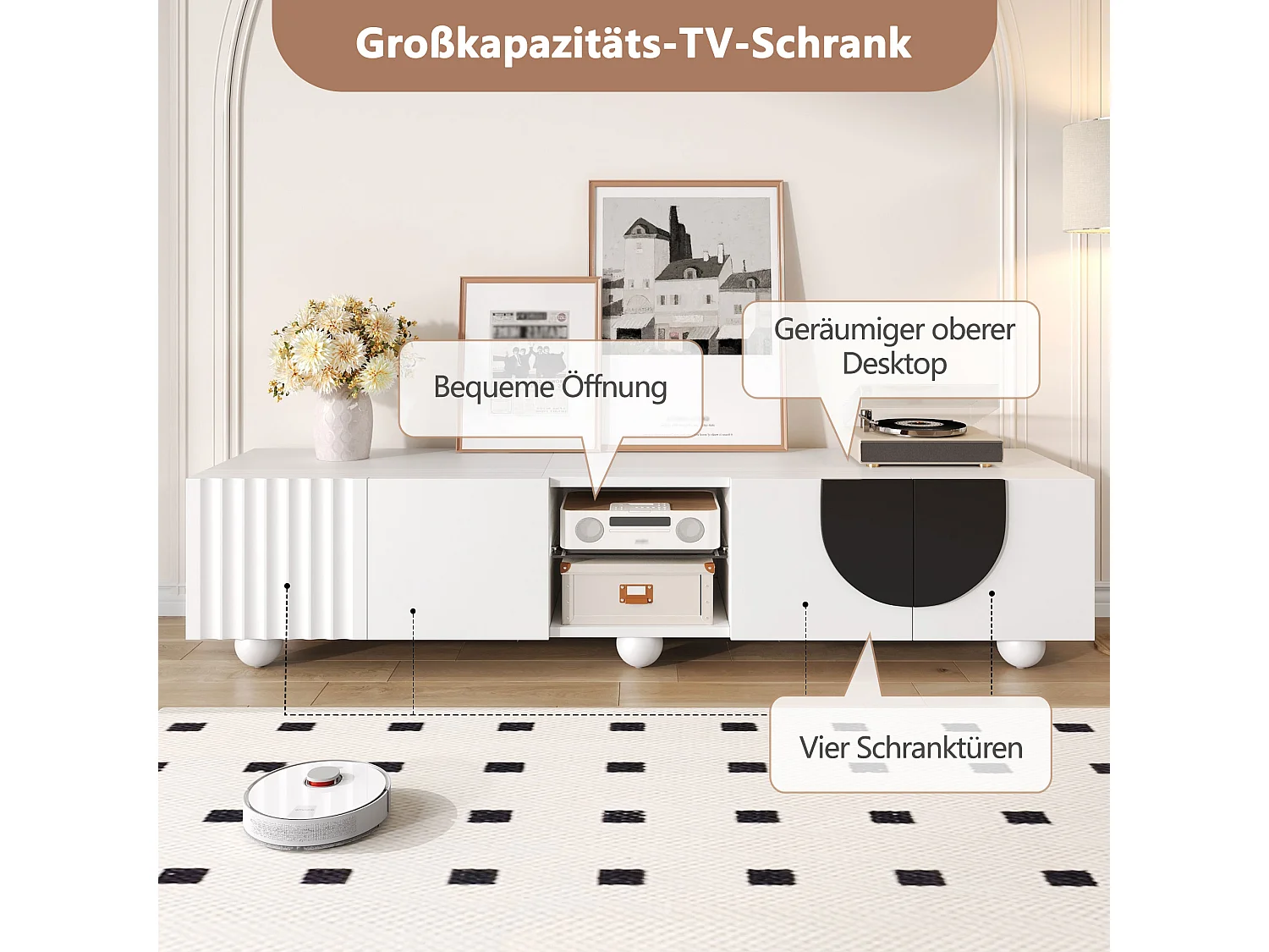 Moderner TV-Ständer – 180 x 40 x 41,5 cm – mit 4 Türen + Ablage – einzigartiges Design – MDF + Spanplatte – weiß
