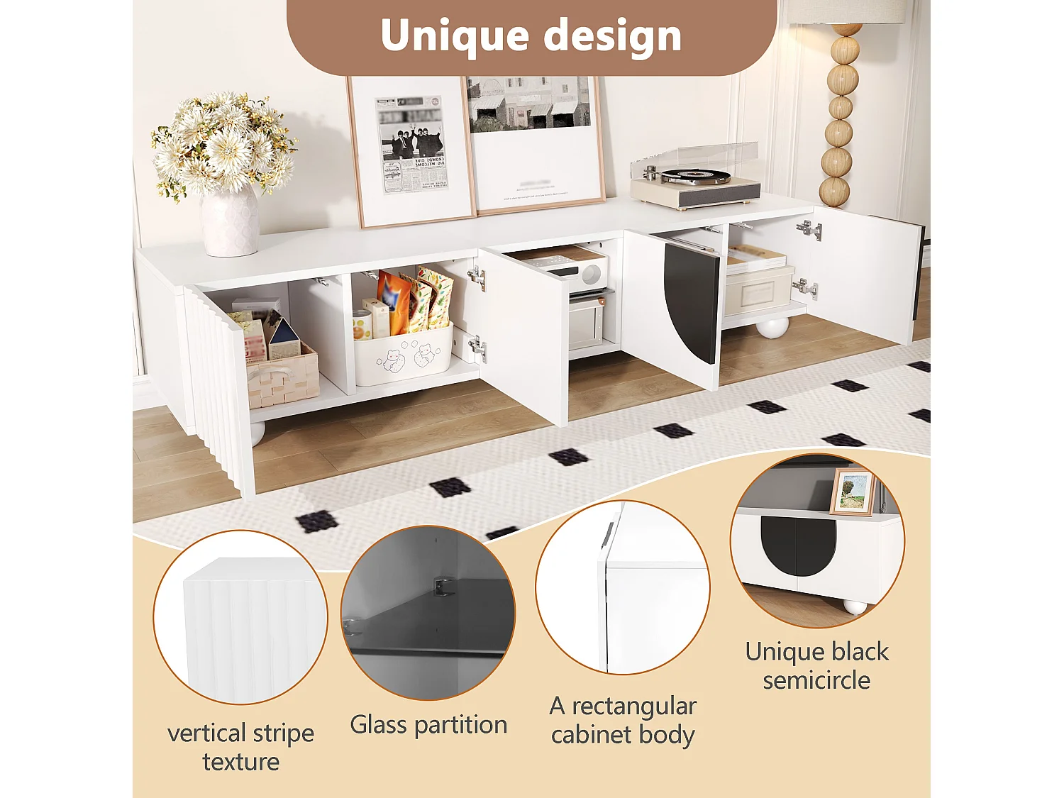 Moderner TV-Ständer – 180 x 40 x 41,5 cm – mit 4 Türen + Ablage – einzigartiges Design – MDF + Spanplatte – weiß