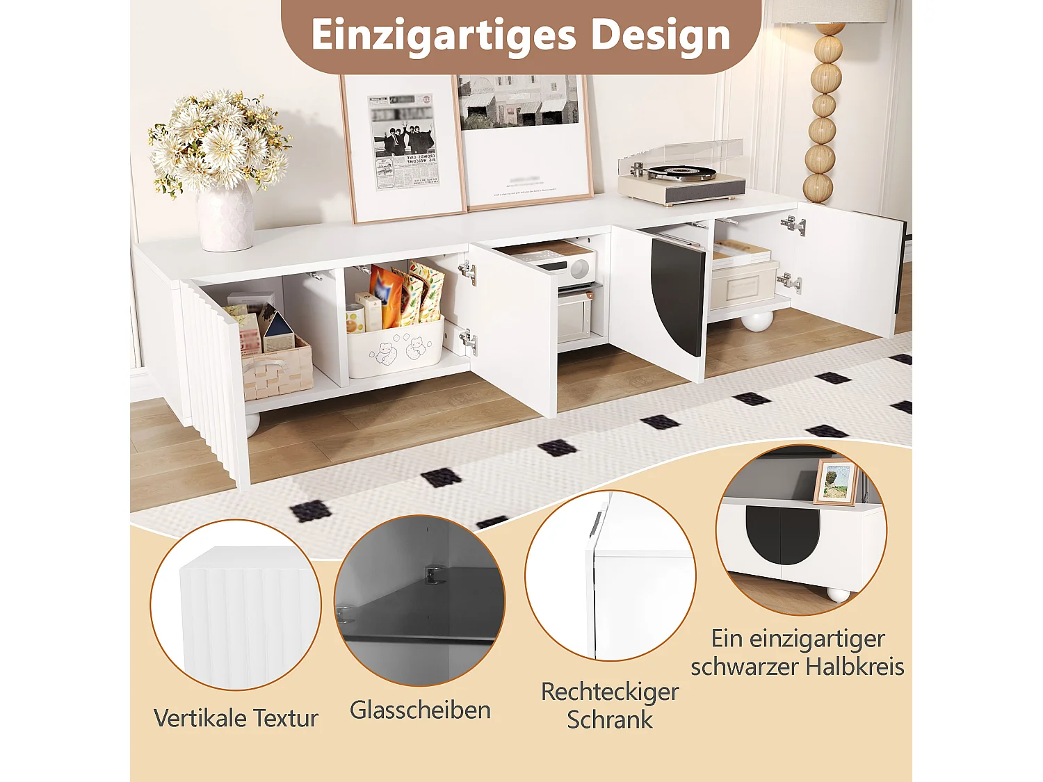 Moderner TV-Ständer – 180 x 40 x 41,5 cm – mit 4 Türen + Ablage – einzigartiges Design – MDF + Spanplatte – weiß