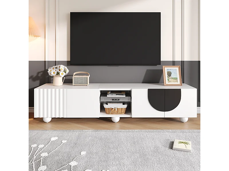 Moderner TV-Ständer – 180 x 40 x 41,5 cm – mit 4 Türen + Ablage – einzigartiges Design – MDF + Spanplatte – weiß