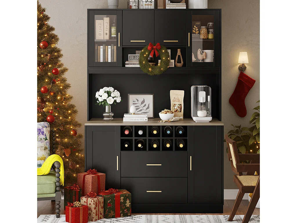 Modernes Küchen-Sideboard – 120 x 36,3 x 180 cm – mit LED-Beleuchtung, Steckdose, 6 Türen und 2 Schubladen – schwarz