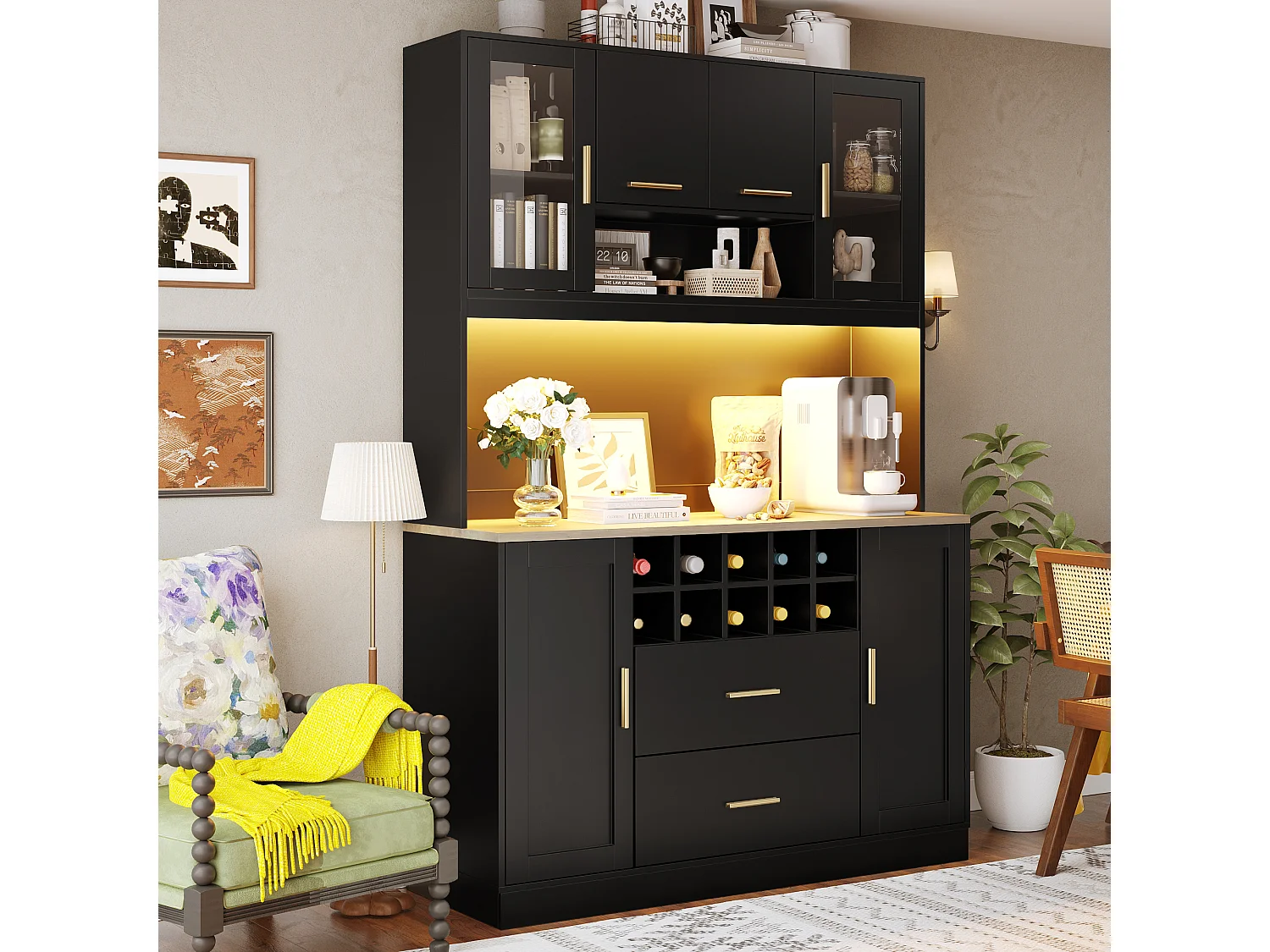 Modernes Küchen-Sideboard – 120 x 36,3 x 180 cm – mit LED-Beleuchtung, Steckdose, 6 Türen und 2 Schubladen – schwarz